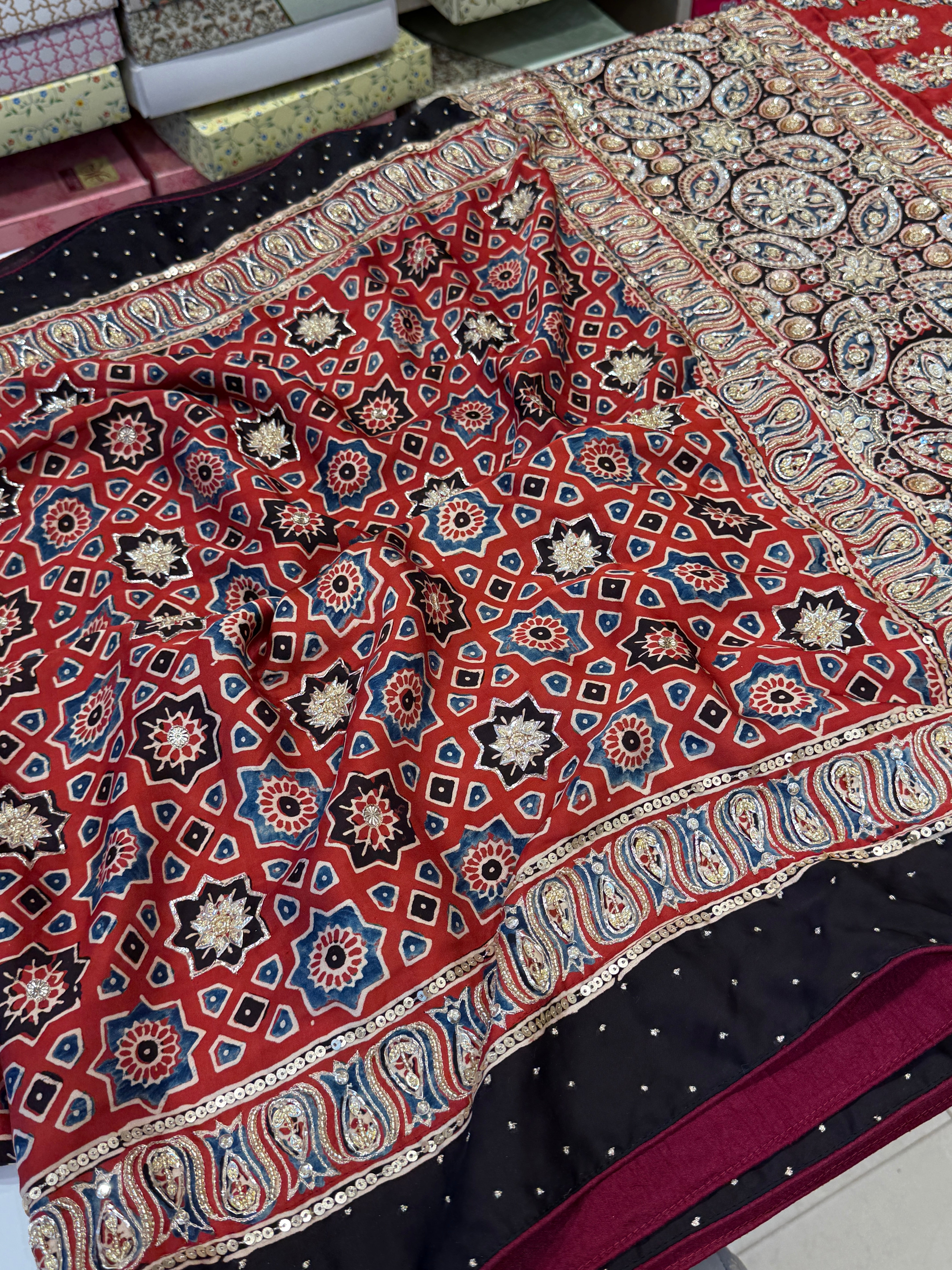 Crimson Hand Embroidery Ajrakh Modal Satin Saree