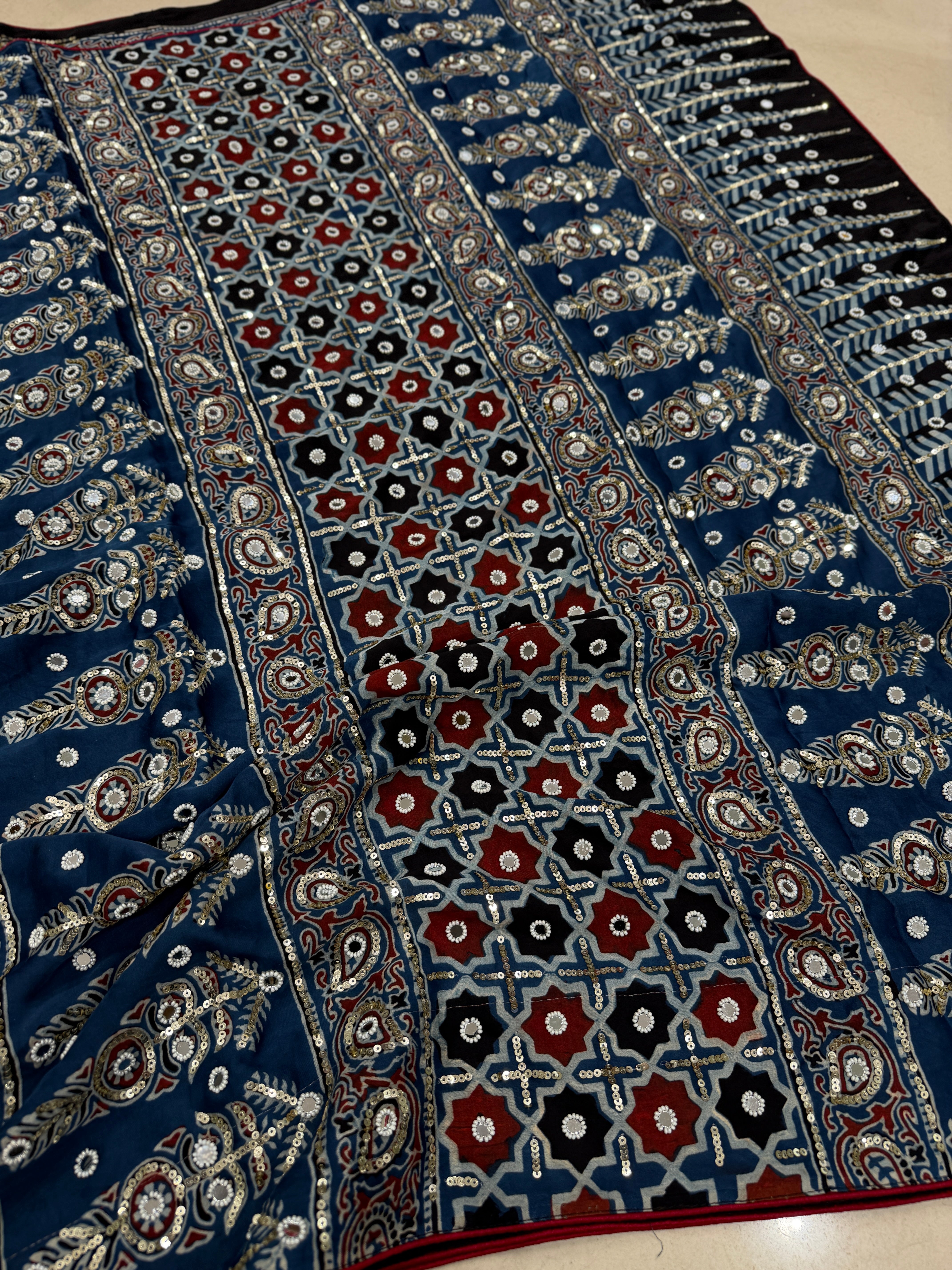 Black Ajrakh Jaal Moti Sequin Ajrakh Hand Embroidery Saree