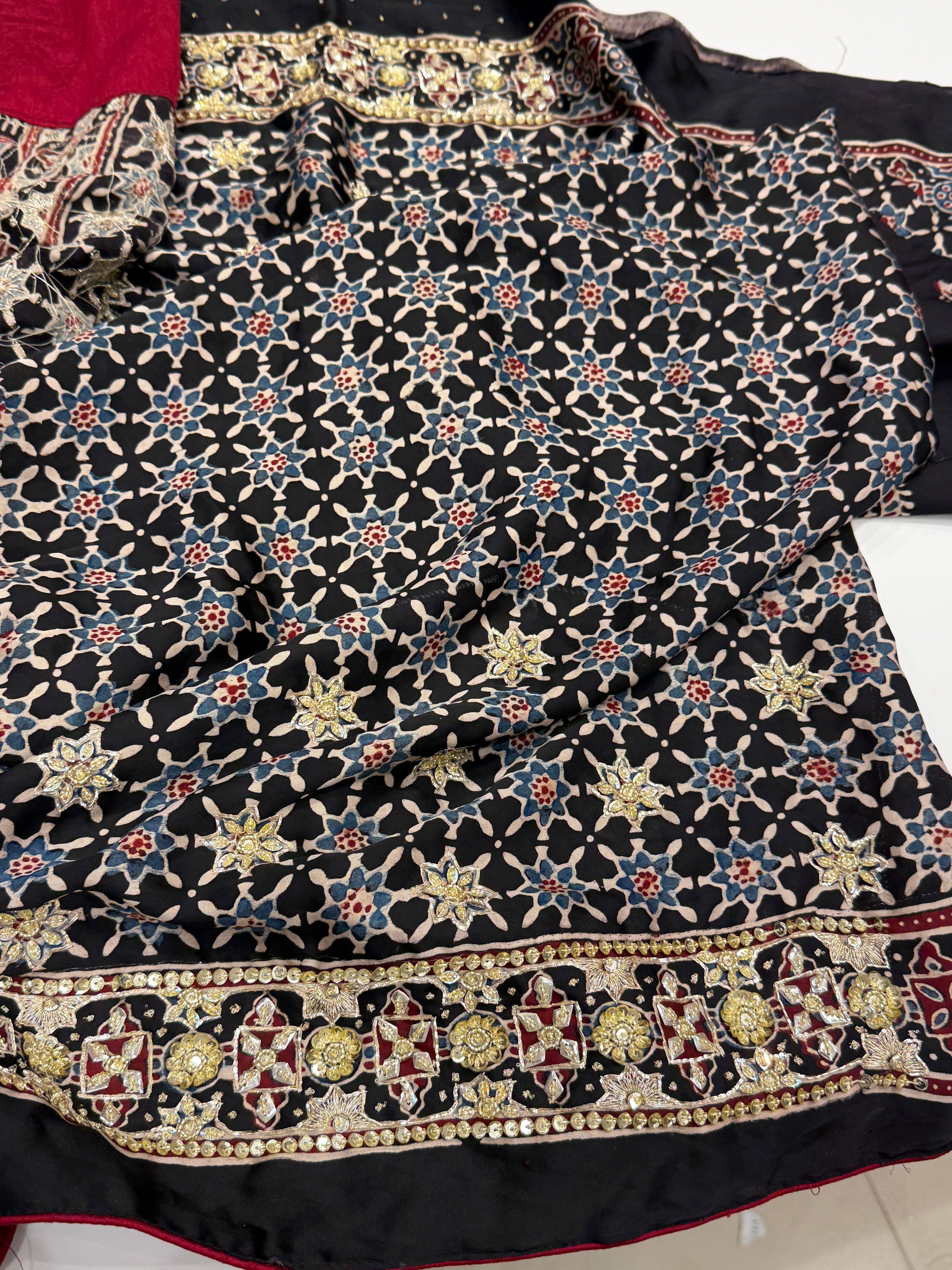 Black Buttas Zardosi Pita Sequin Ajrakh Hand Embroidery Saree