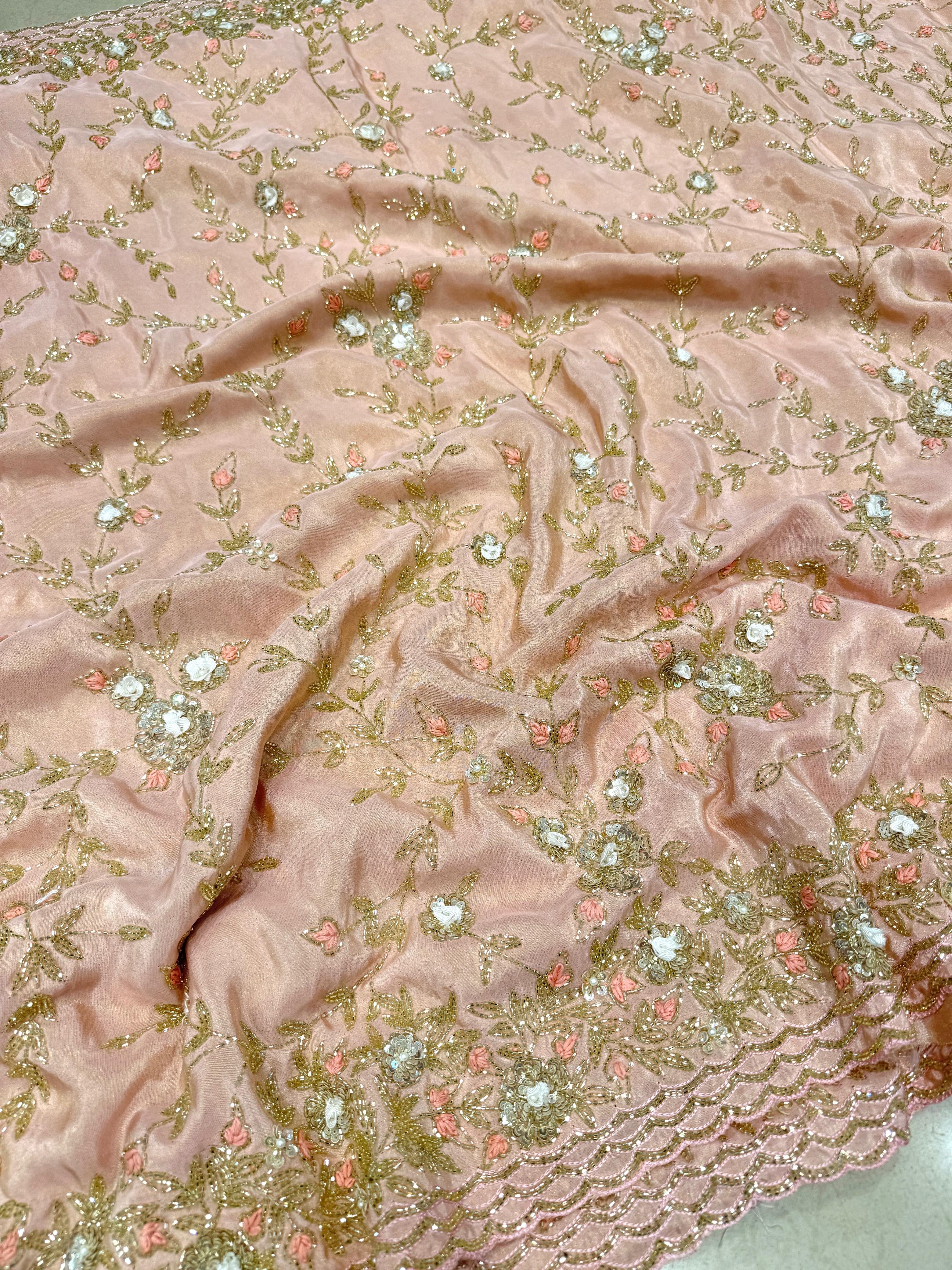 Pink Crepe Tissue Knot Ribbon Embroidery Saree