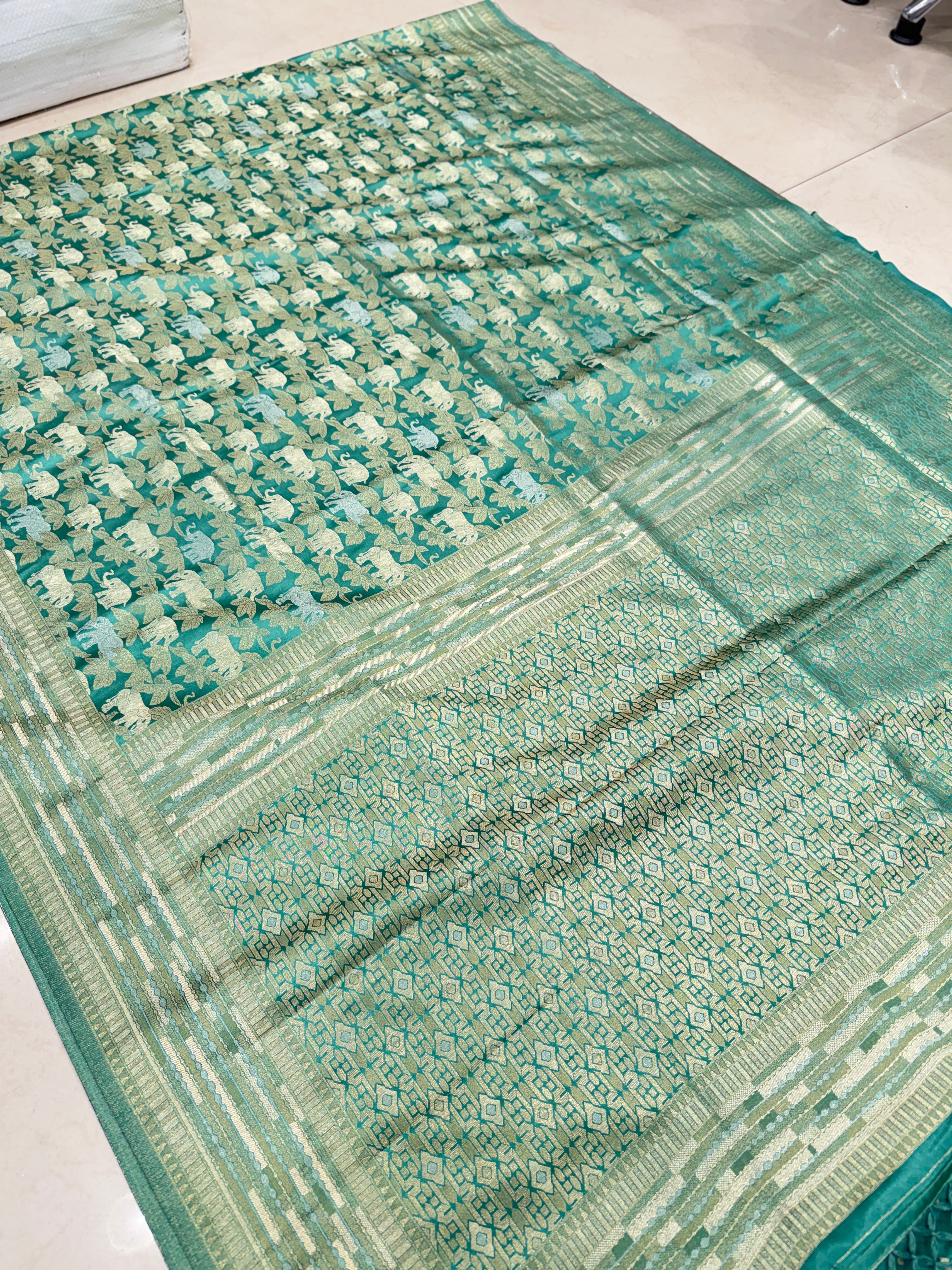 Sage Green Banarasi Soft Silk Semi Elephant Motif Saree