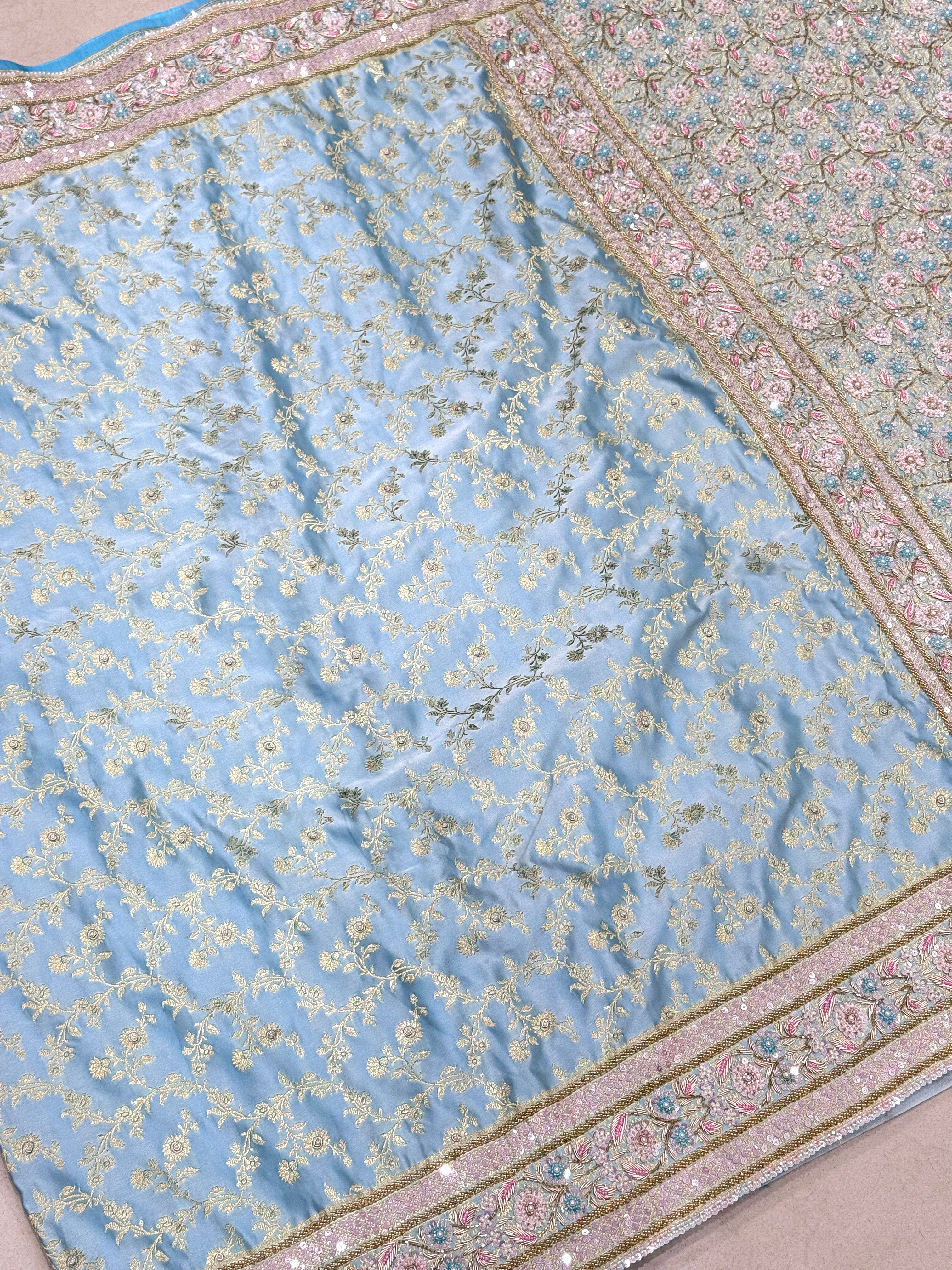 Light Blue Banarasi Flower Border Moti Hand Embroidery Saree