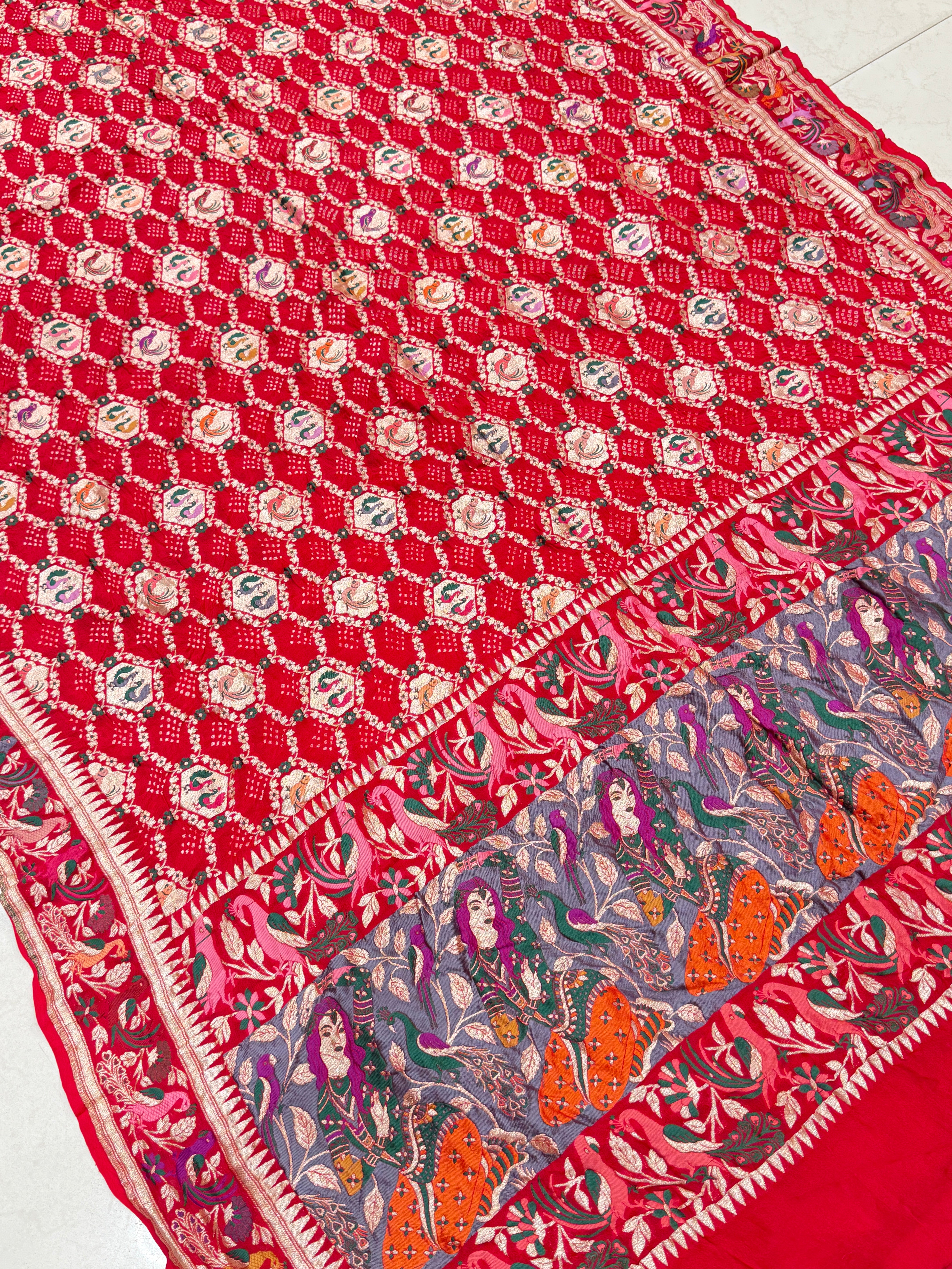 Red Paithani Style Meenakari Rai Bandhej Georgette Bandhini Saree