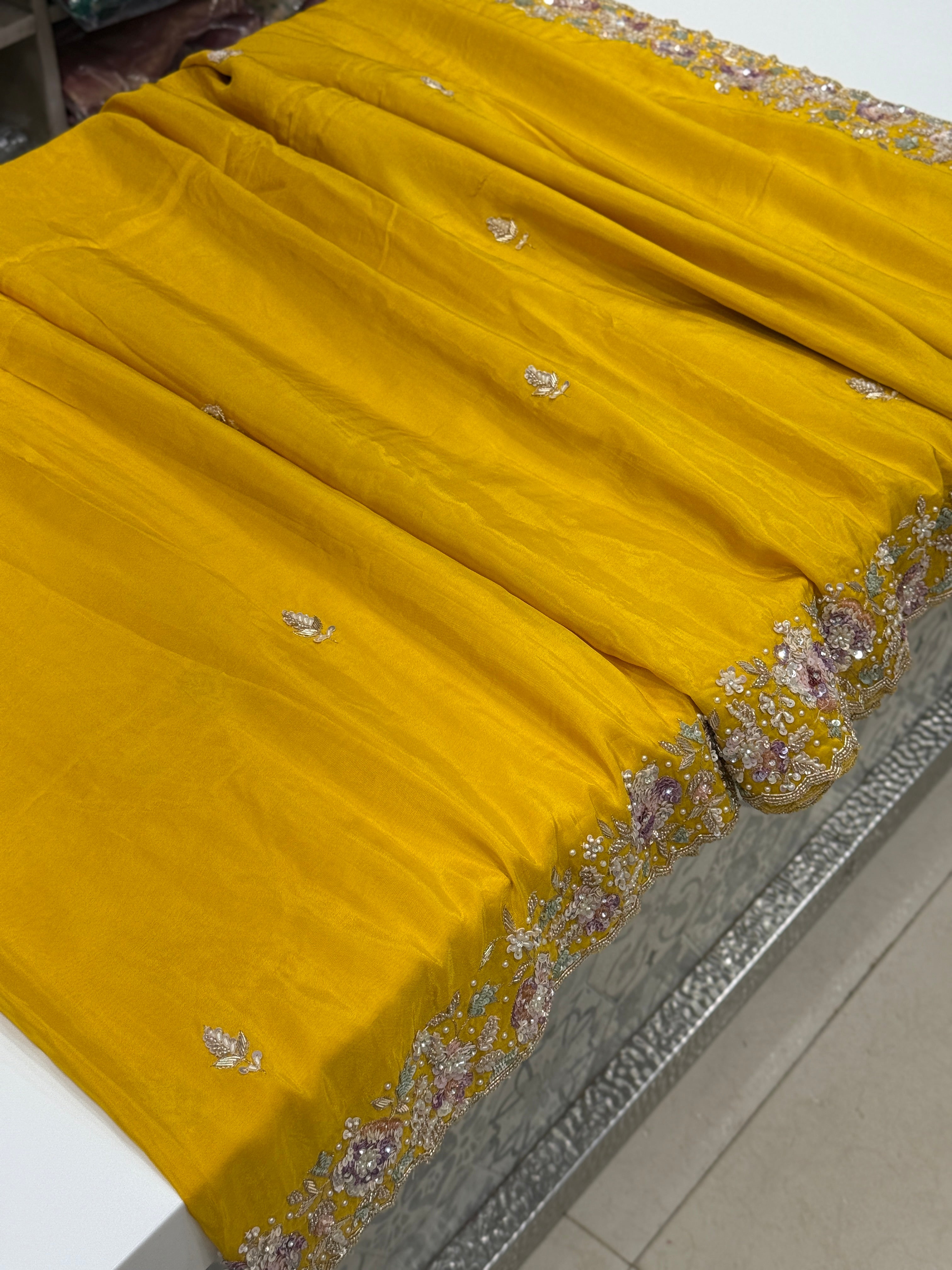 Yellow Soft Silk Zardosi Fancy Hand Embroidery Saree