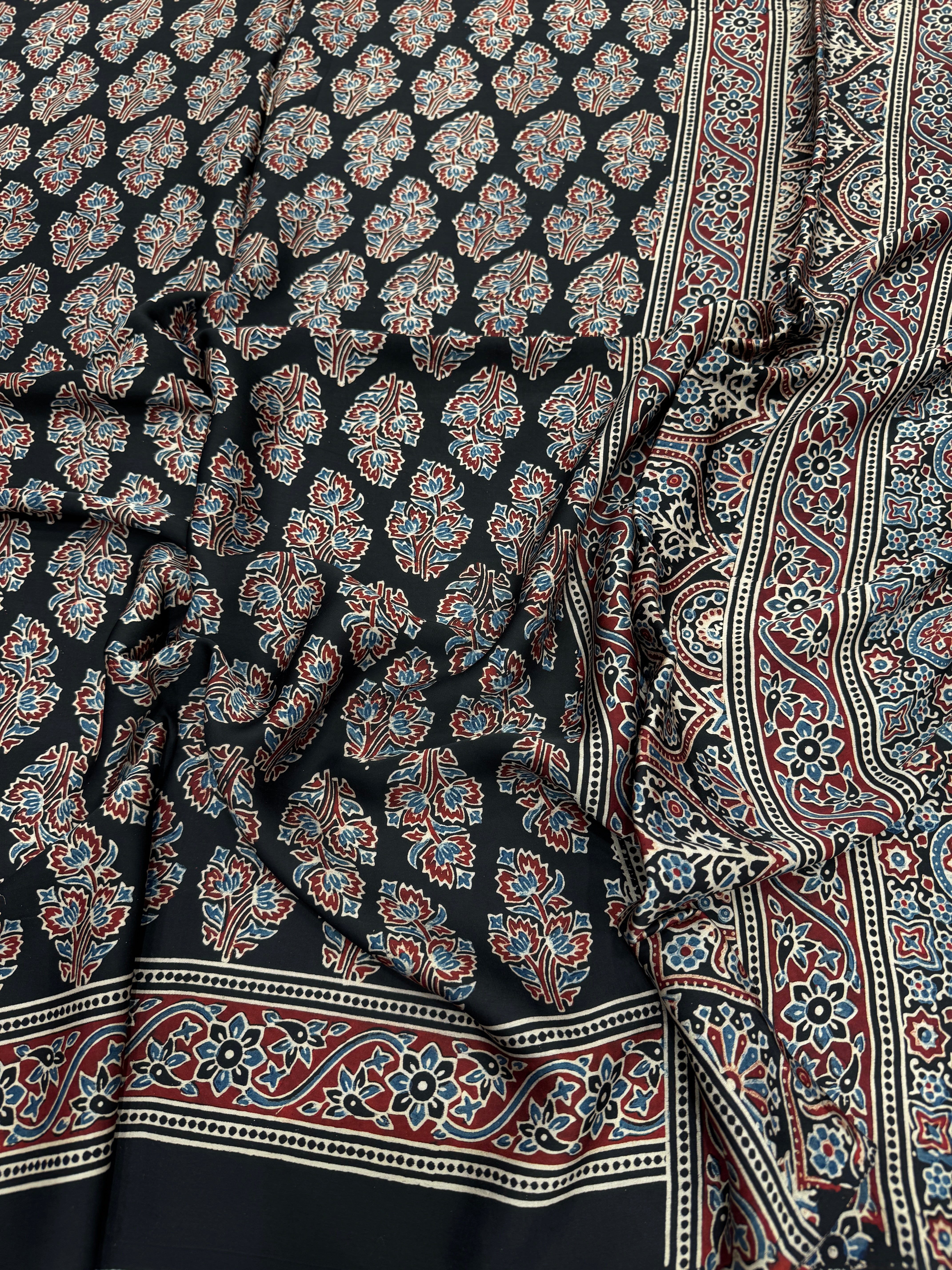 Black Tree Buttas Hand Block Print Ajrkah Pure Gajji Silk Saree