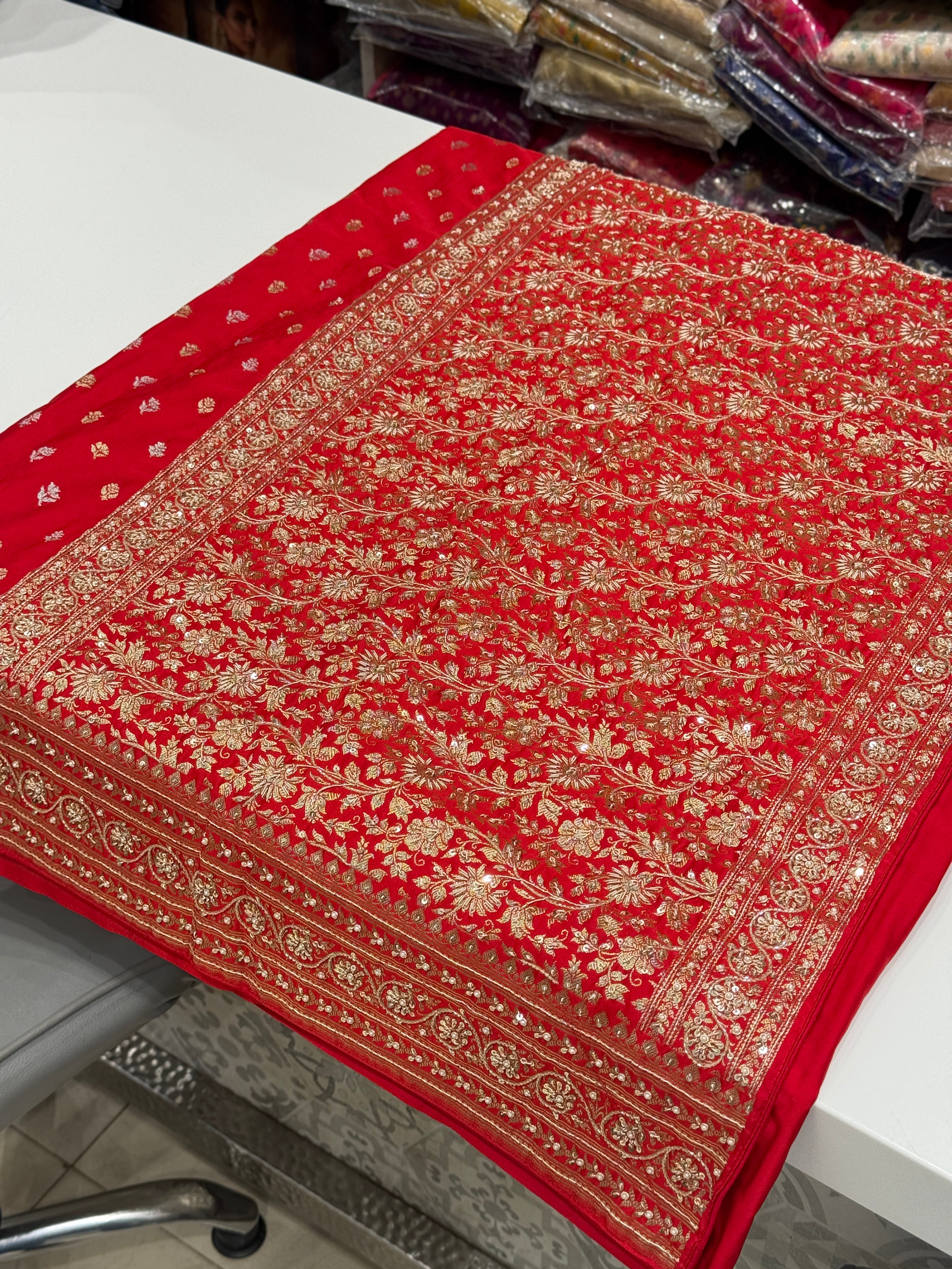 Red Sona Roopa Buttis Zardosi Hand Embroidery Banarasi Saree