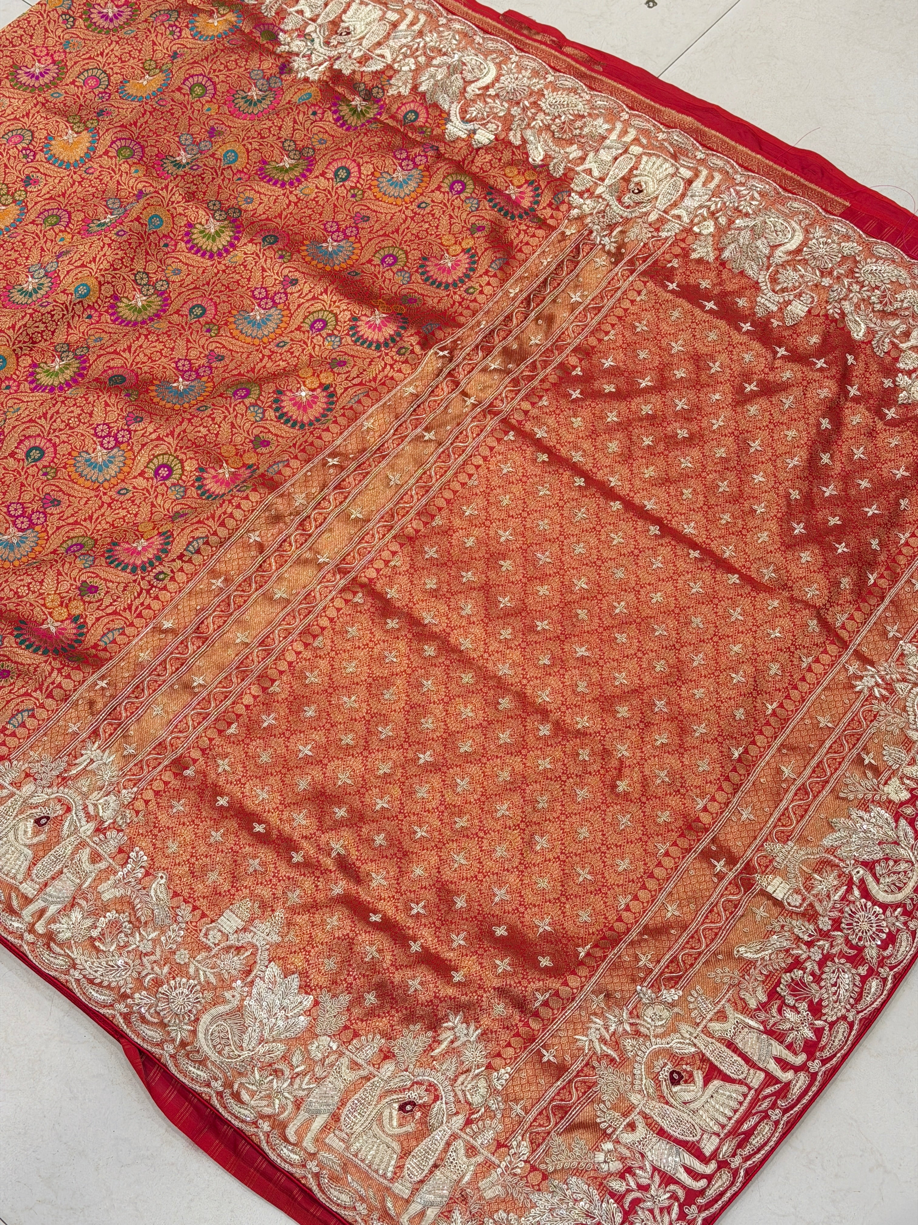 Red Khinkhwab Banarasi Hand Embroidery Zardosi Doli Edit Saree