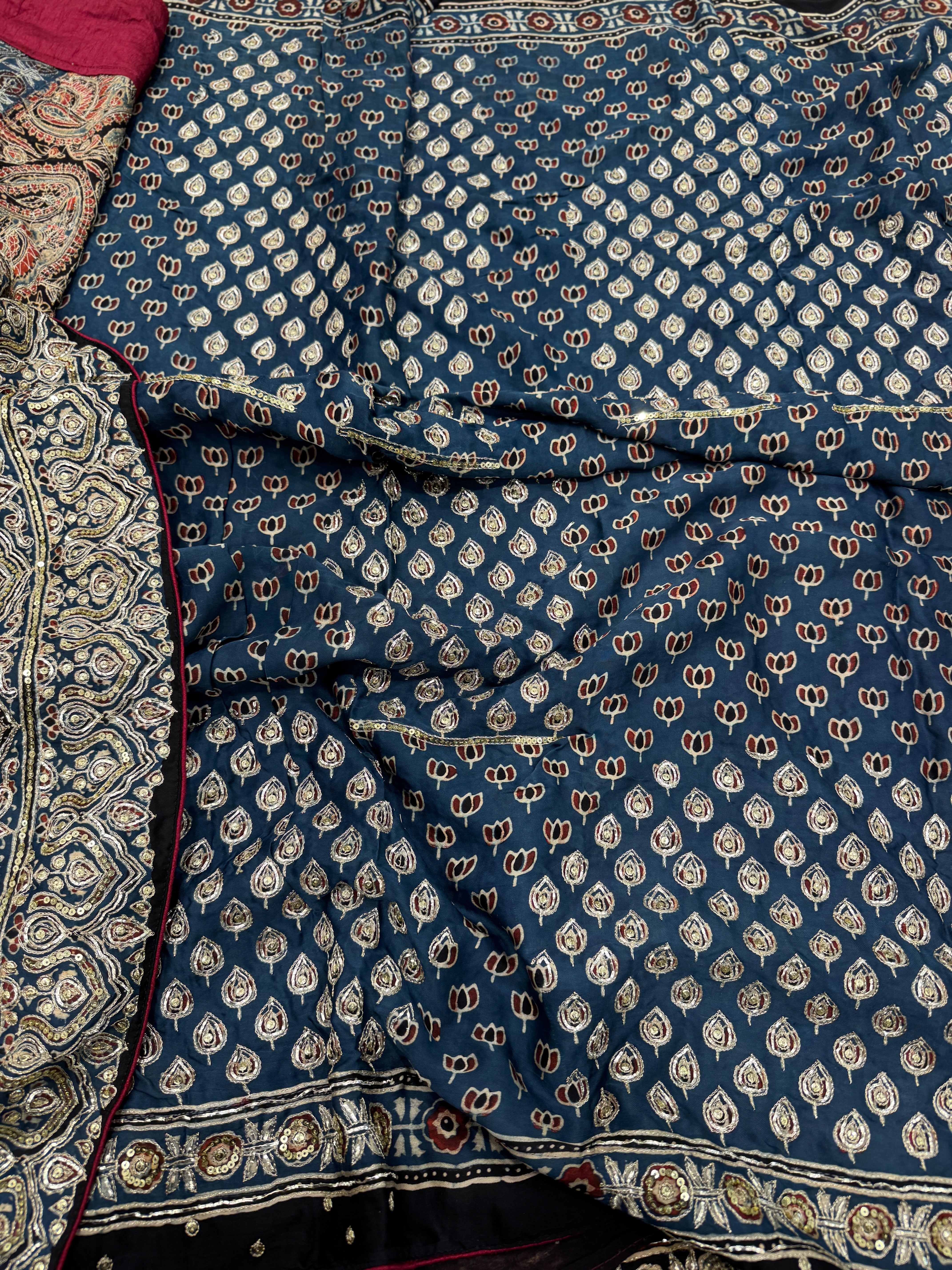Black Keri Jaal Ajrakh Blue Pallu Hand Embroidery Zardosi and Pita Work