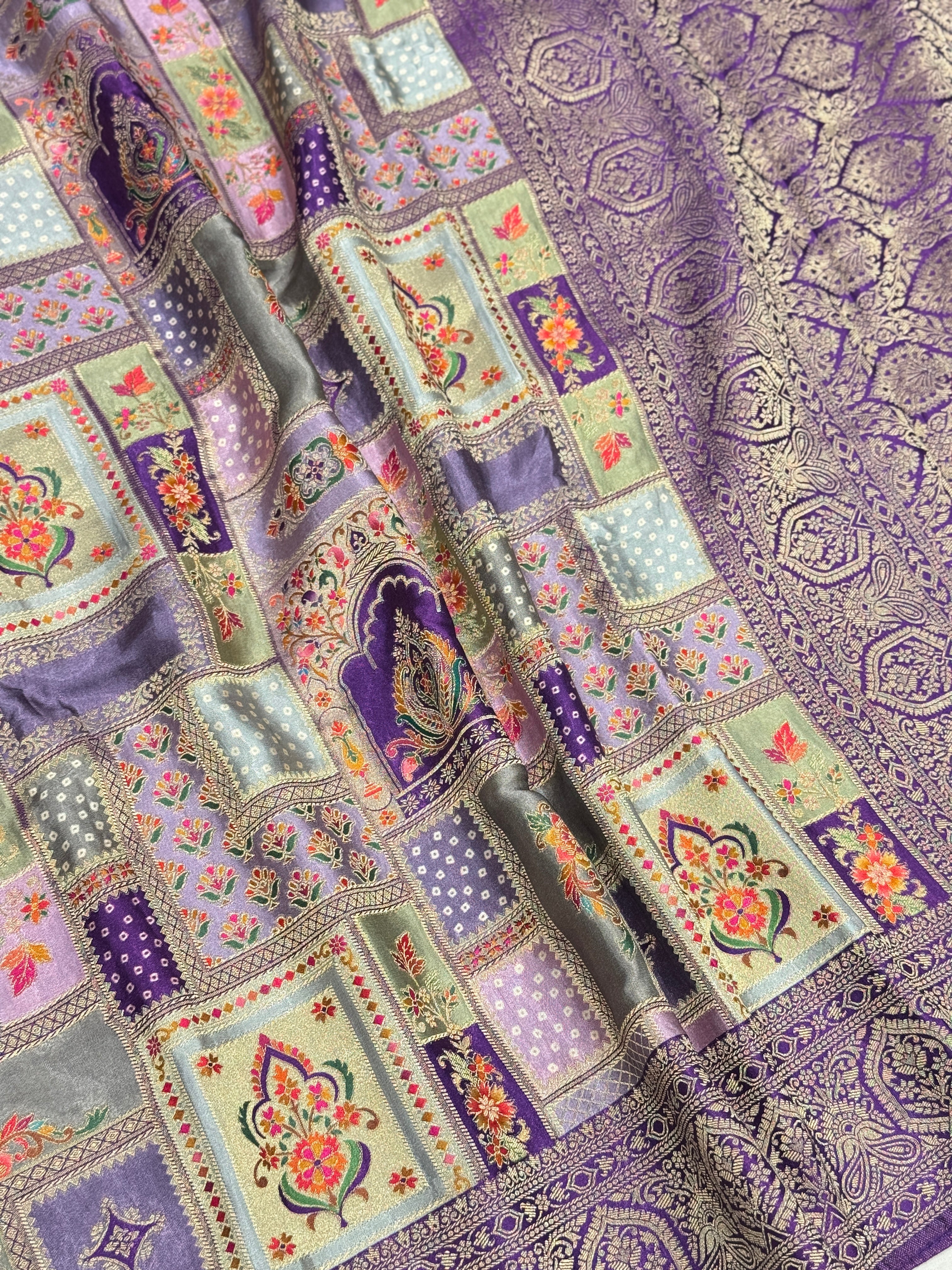 Violet Banarasi Modal Rangkat Satin Checkered Temple Silk Saree