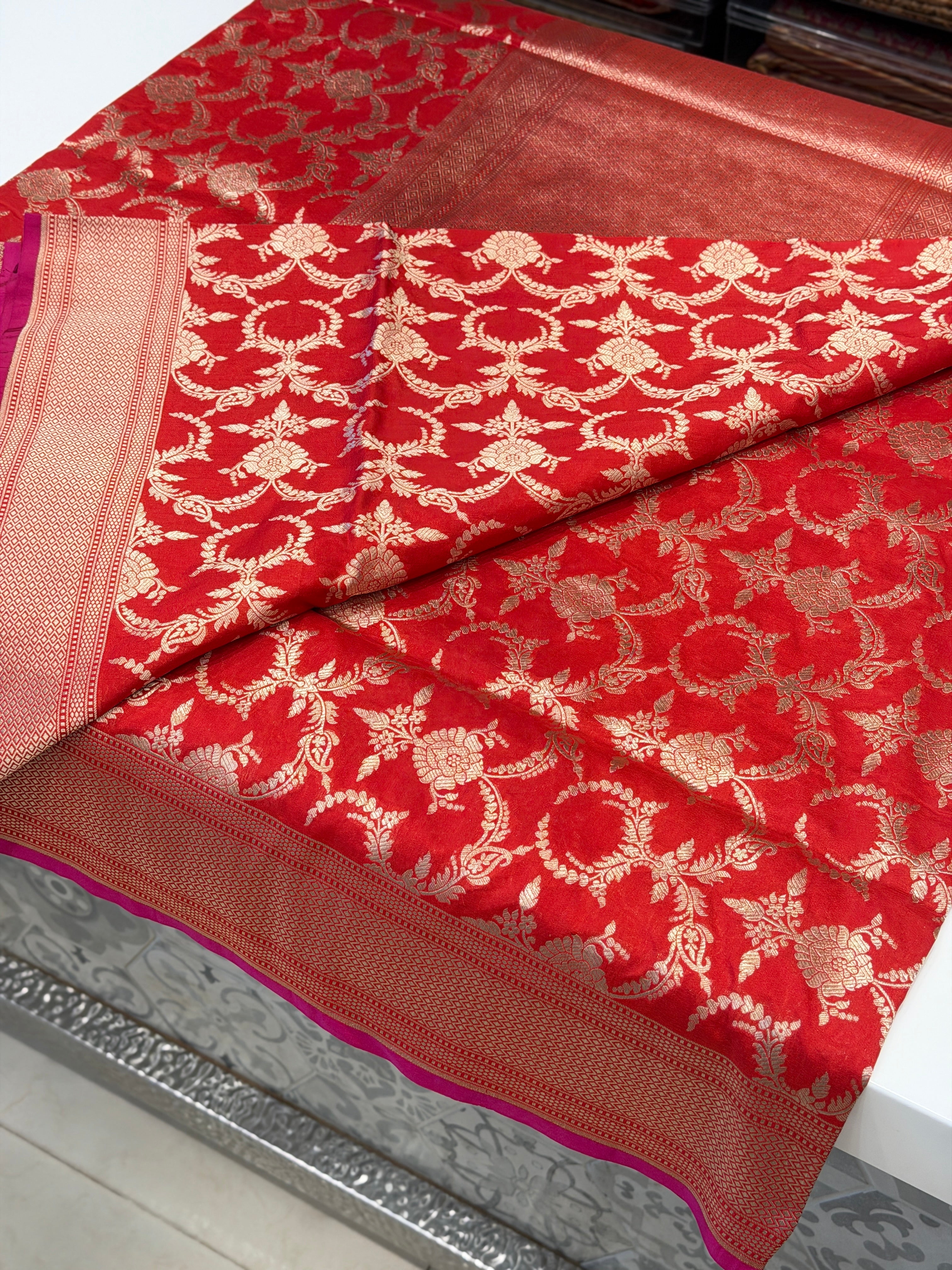 Cross Red Banarasi Jaal Katan Silk Handloom Saree