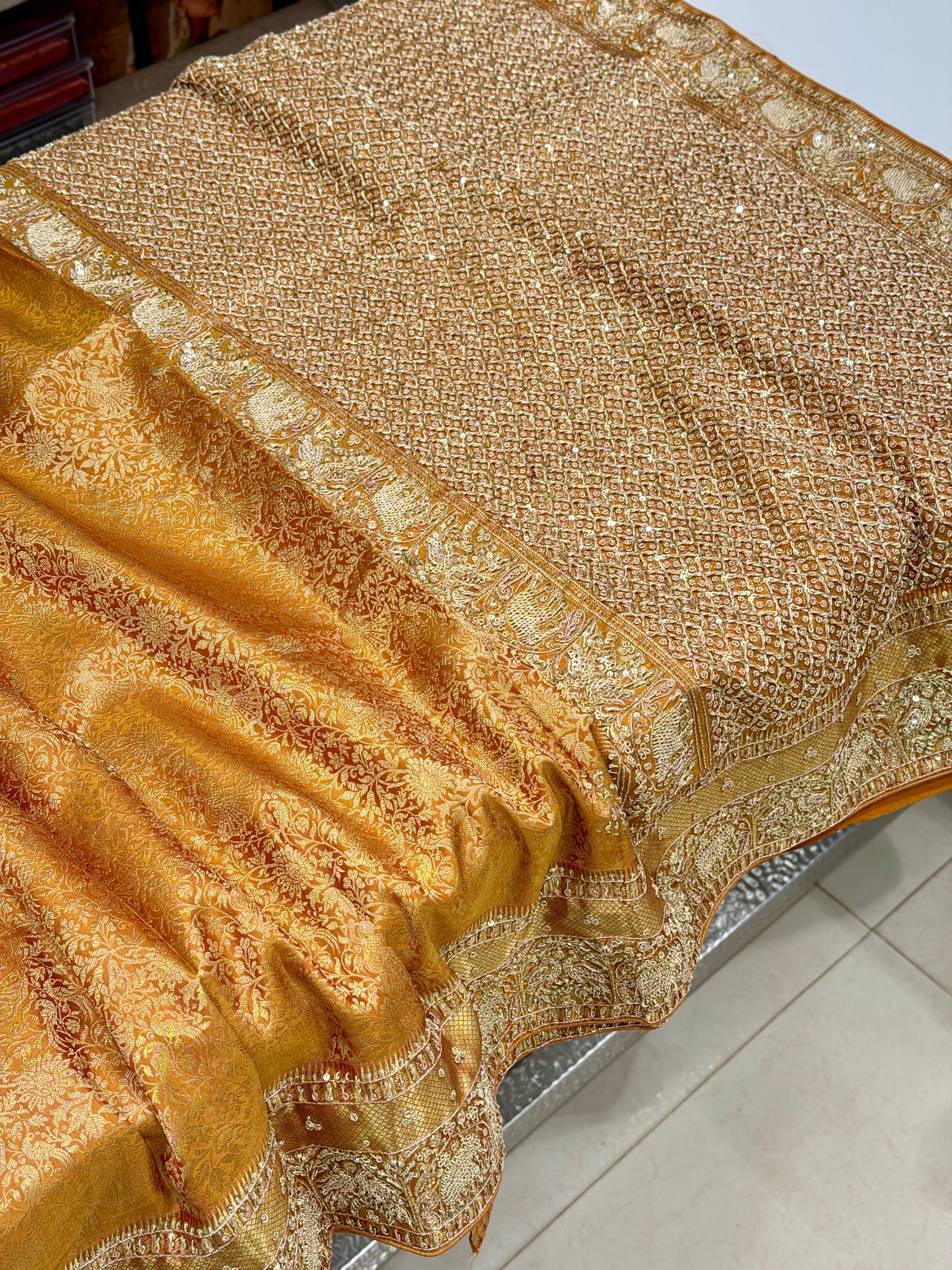 Mustard Yellow Kanjivaram Peacock Motif Hand Embroidery Zardosi Saree