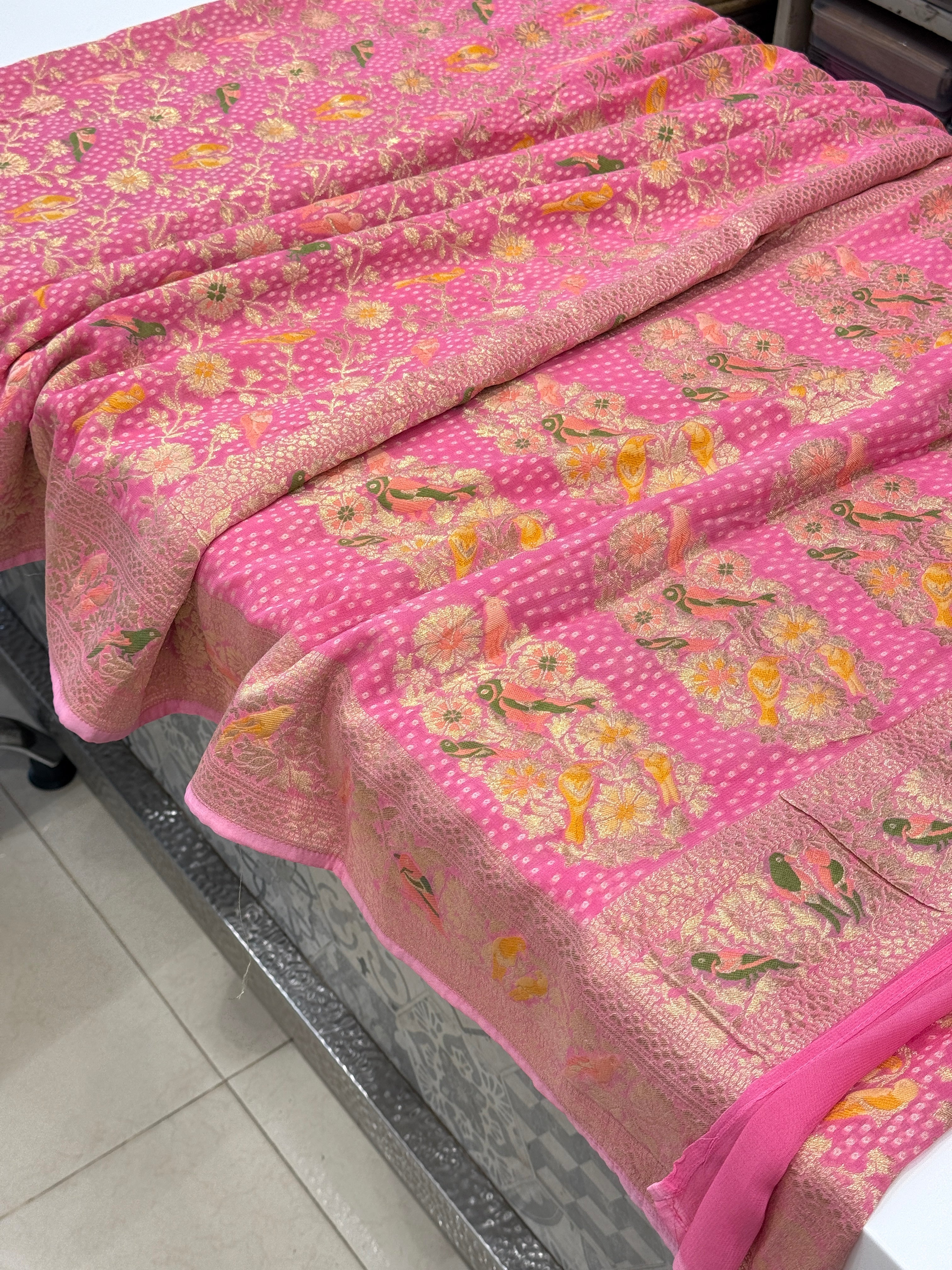 Pink Woven Bandhej Meenakari Parrot Motif Saree