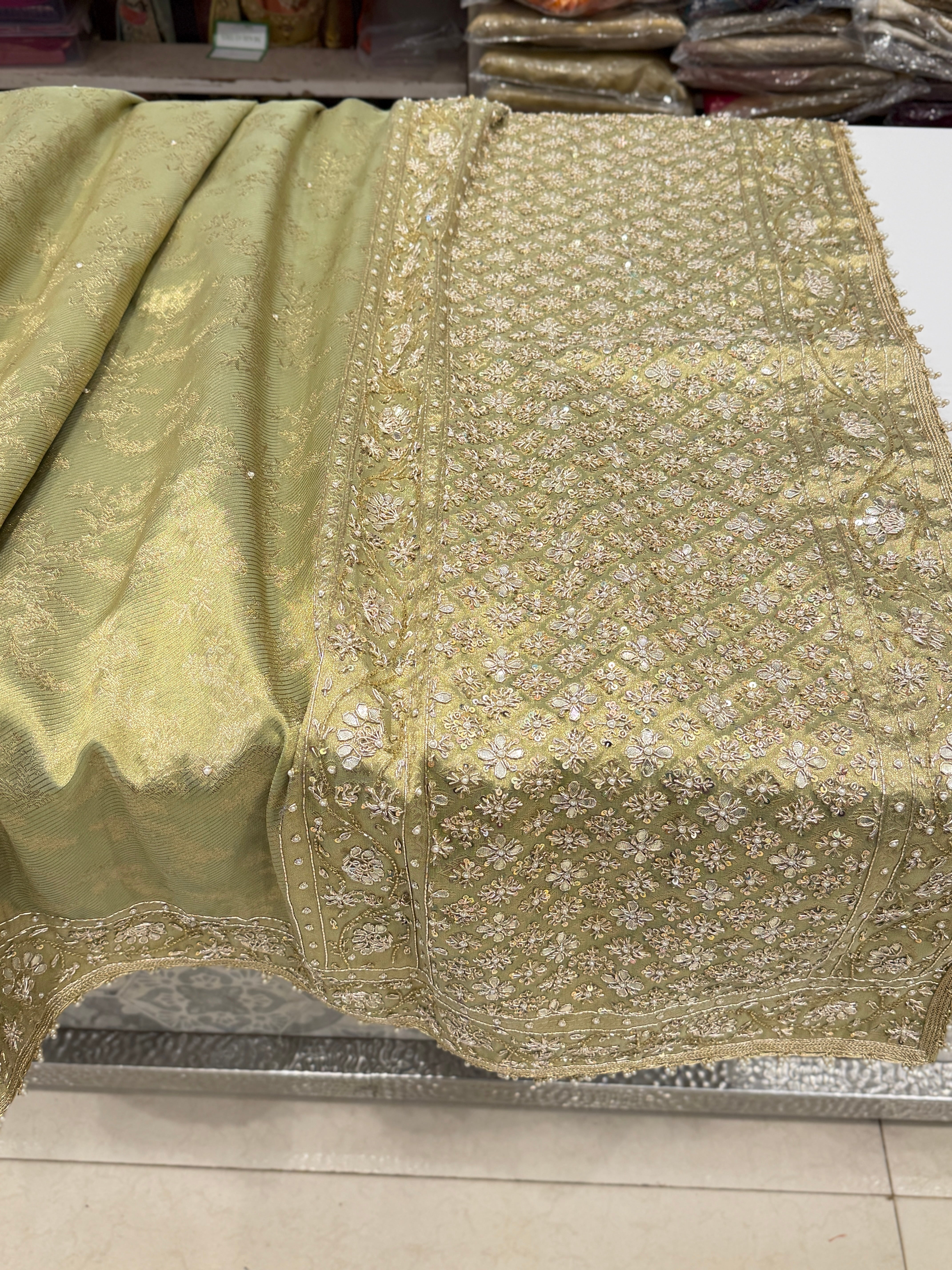 Pista Green Tissue Hand Embroidery Zardosi gota Saree
