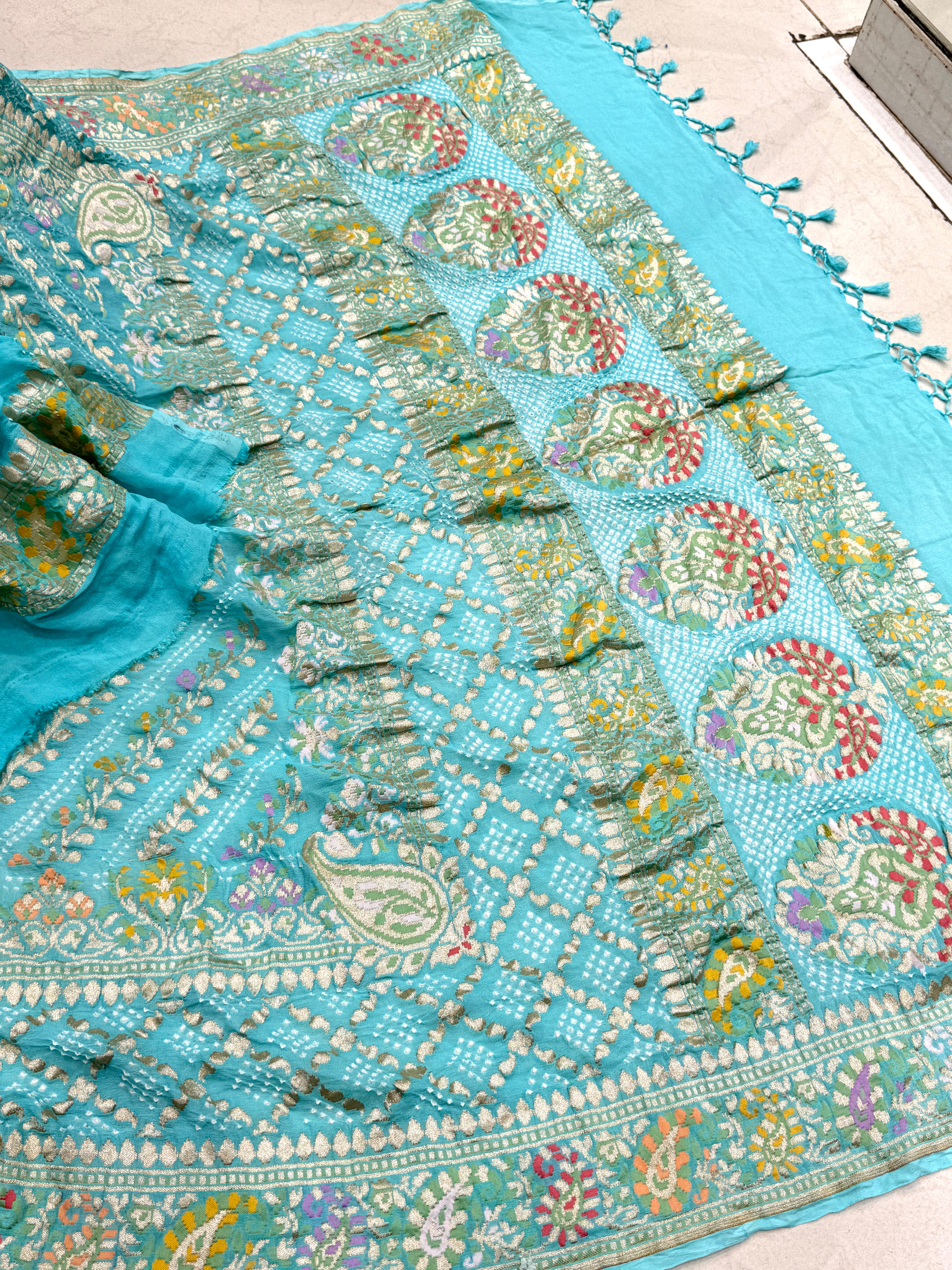 Light Blue Double Border Meenakari Rai Bandhej Georgette Bandhini Saree