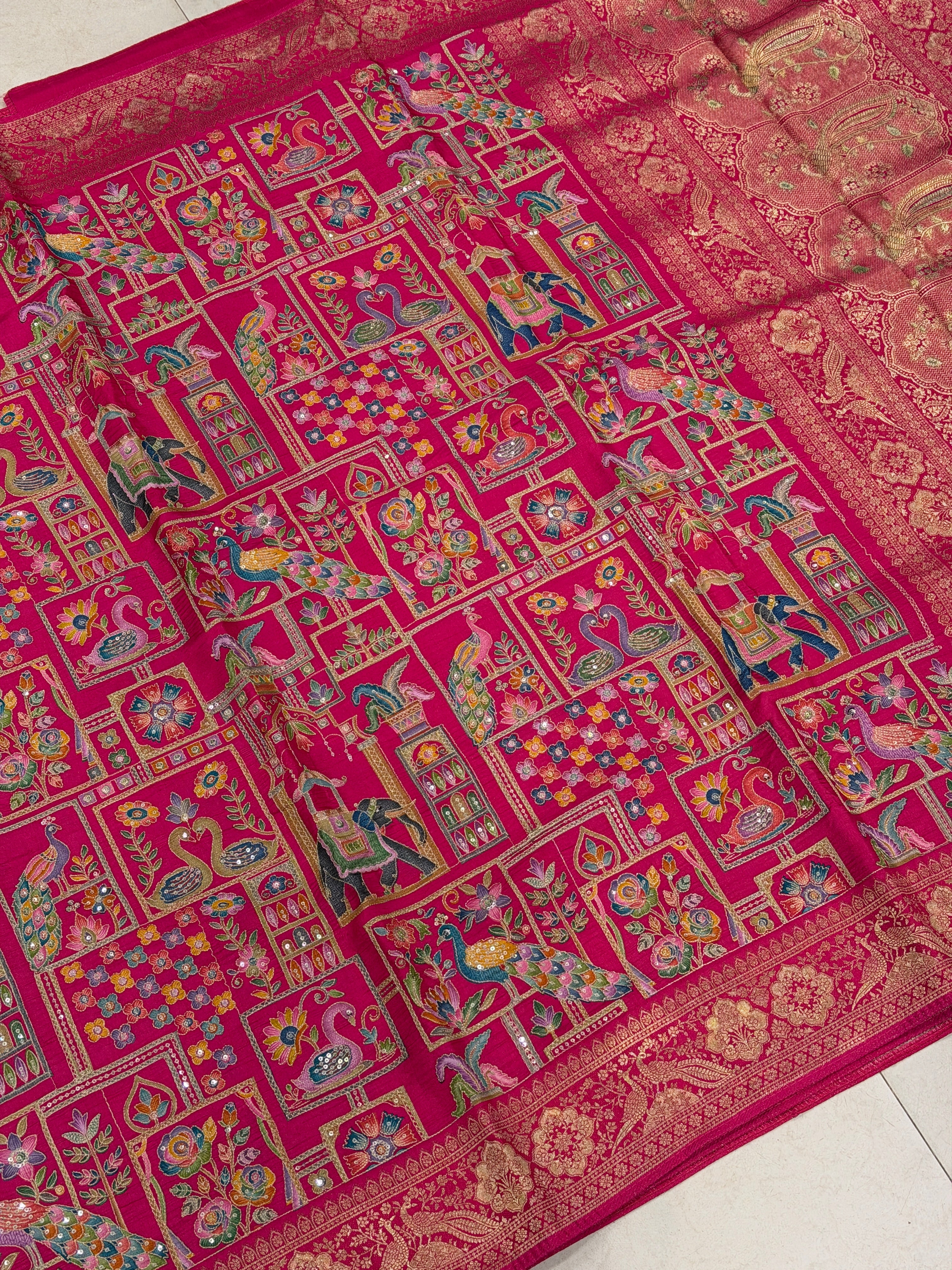 Rani Banarasi Fauna Banarasi Munga Pita Embroidery Saree