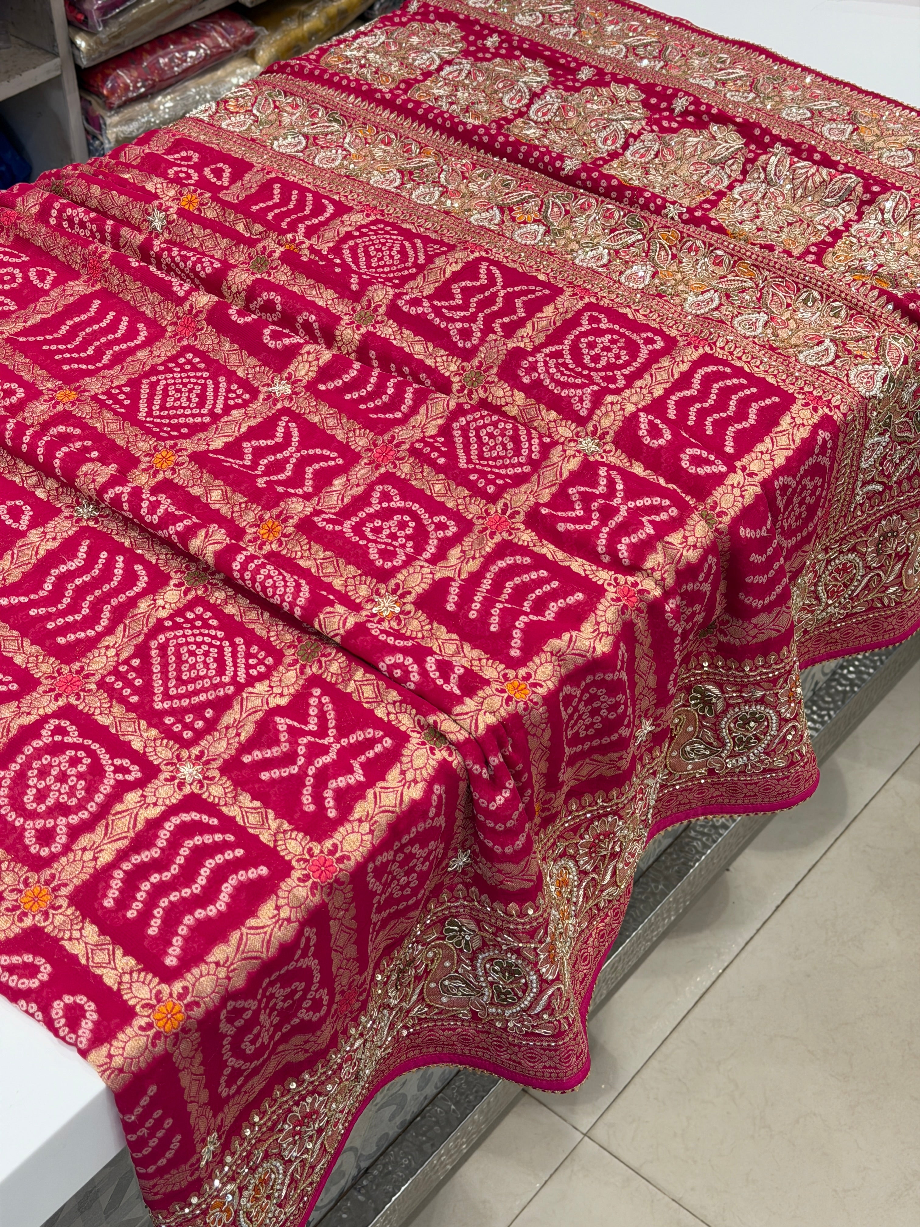 Rani Gharchola Weaved Bandhej Georgette Zardosi Hand Embroidery Saree