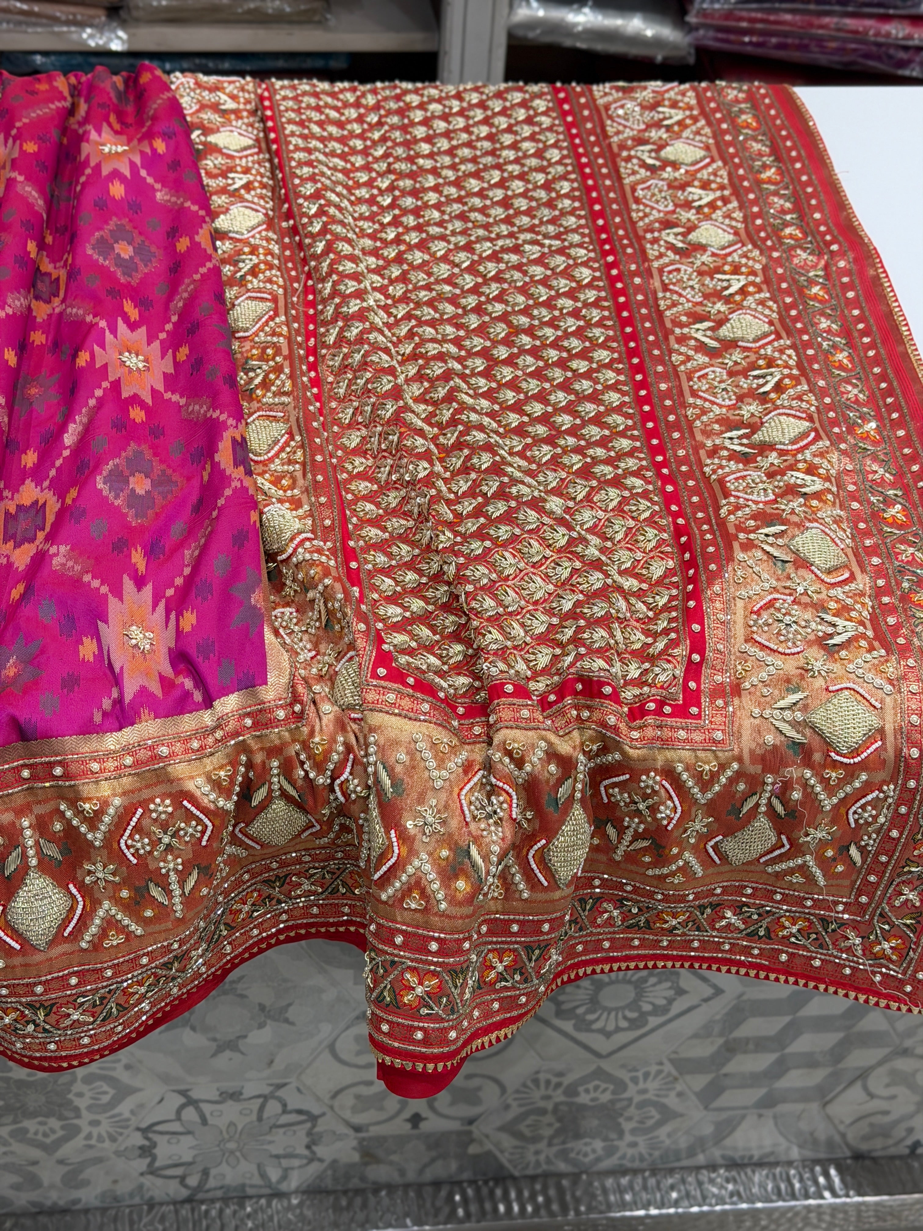 Wine Banarasi Ikat Patola Zardosi Hand Embroidery Saree