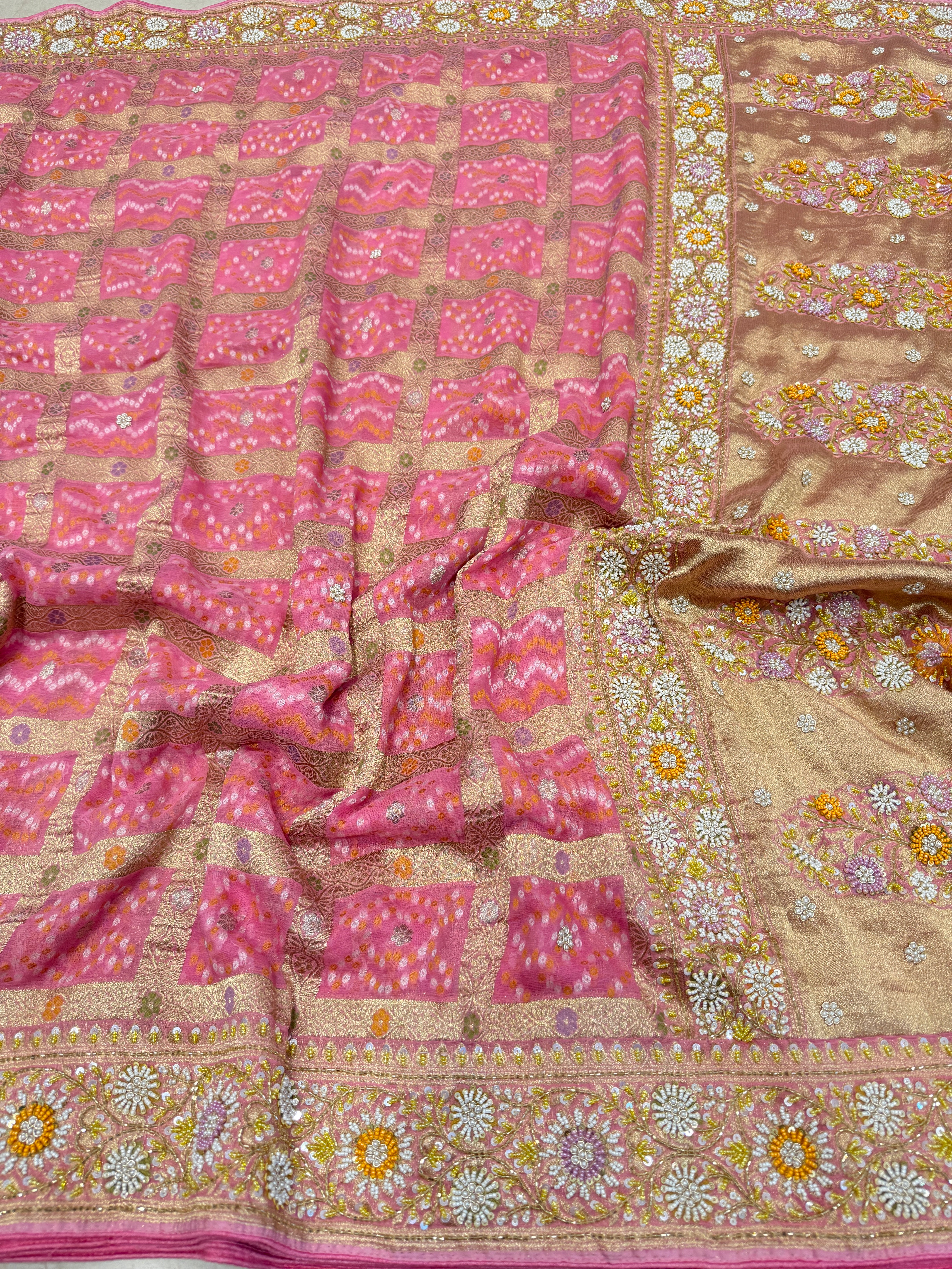 Pink Gharchola Meenakari Georgette Moti Zardosi Hand Embroidery Saree