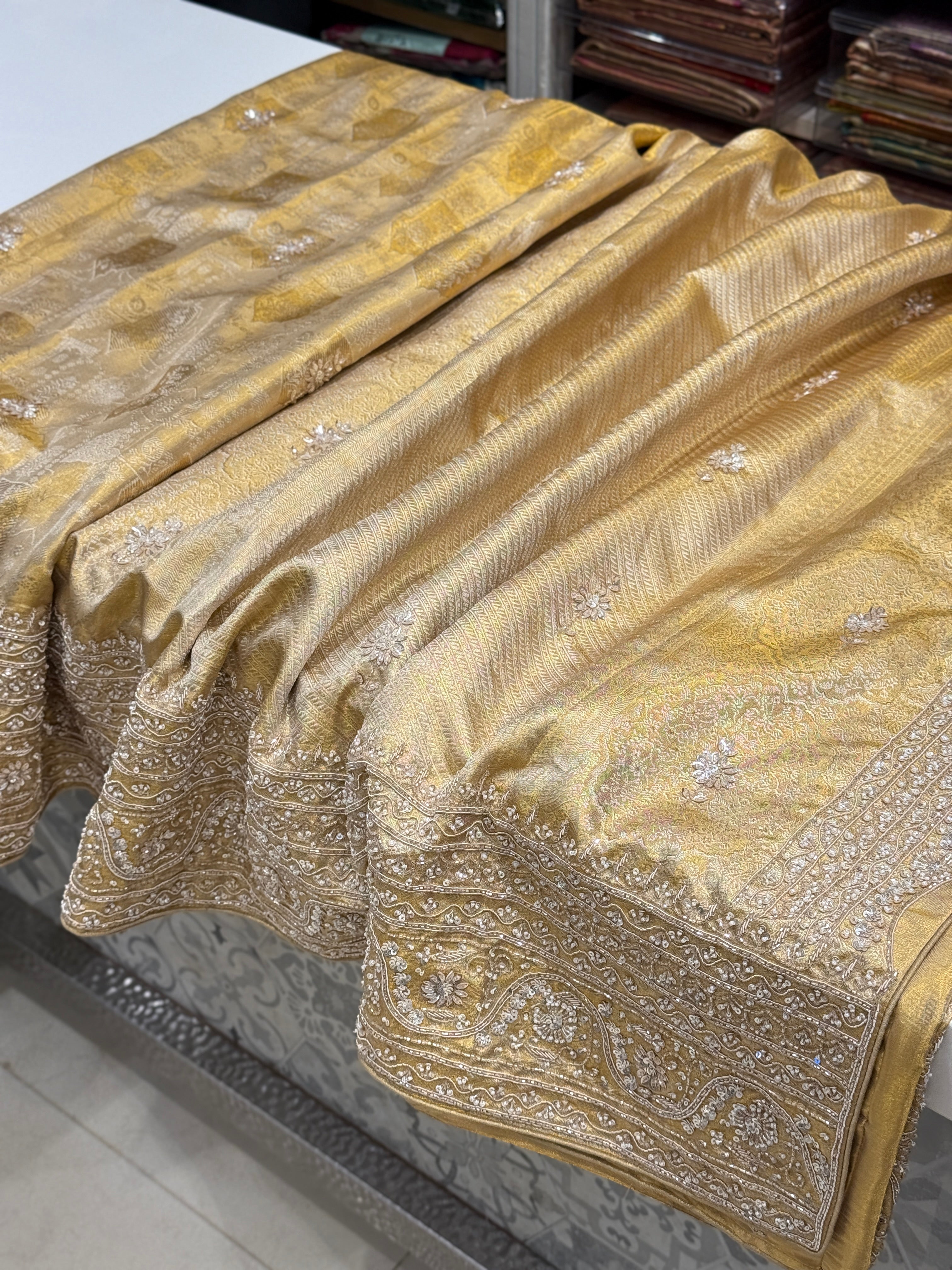 Gold Tissue Zardosi Moti Kanjivaram Hand Embroidery Saree
