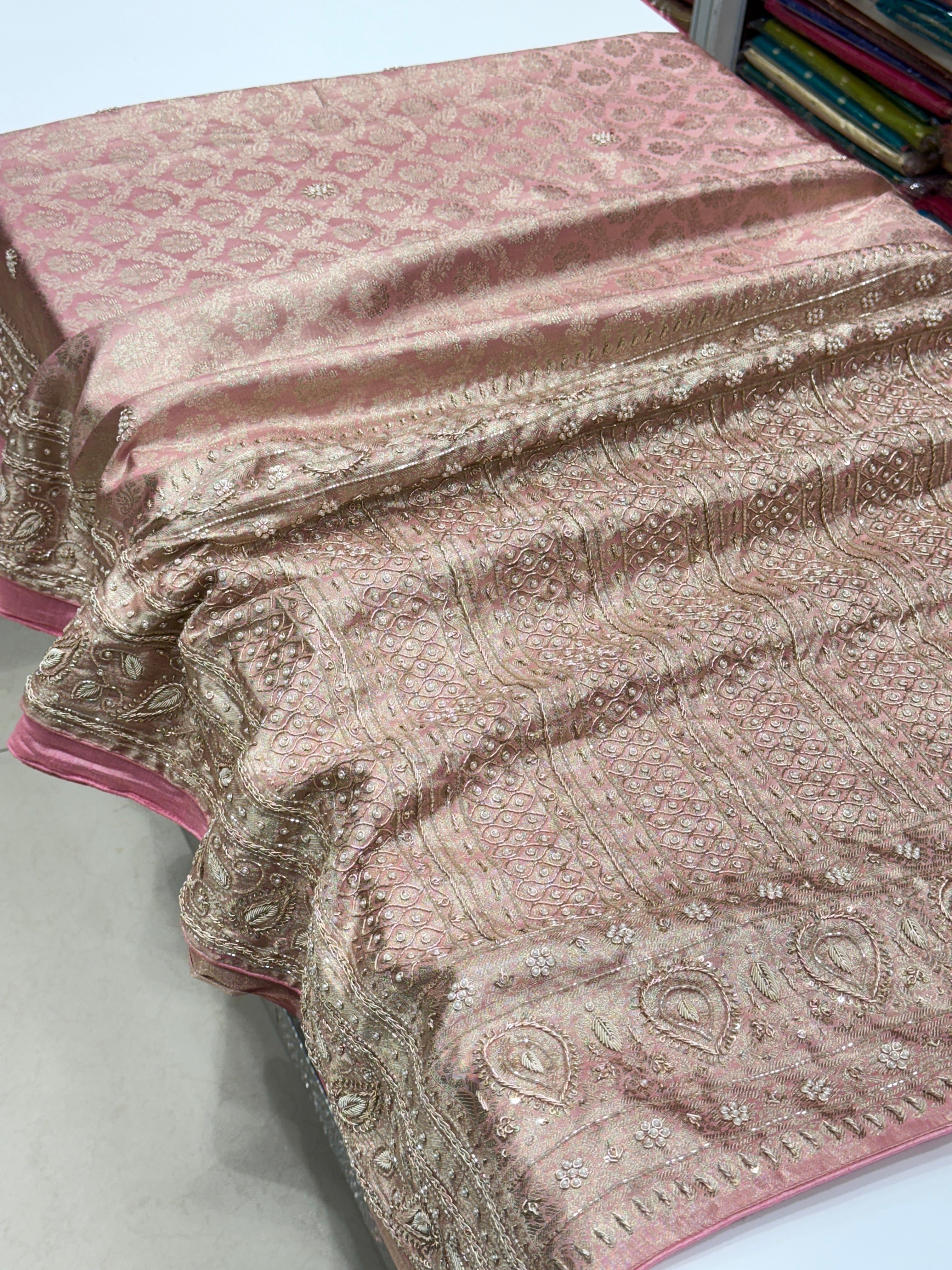 Pink Tissue Kanjivaram Contemporary Hand Embroidery Saree