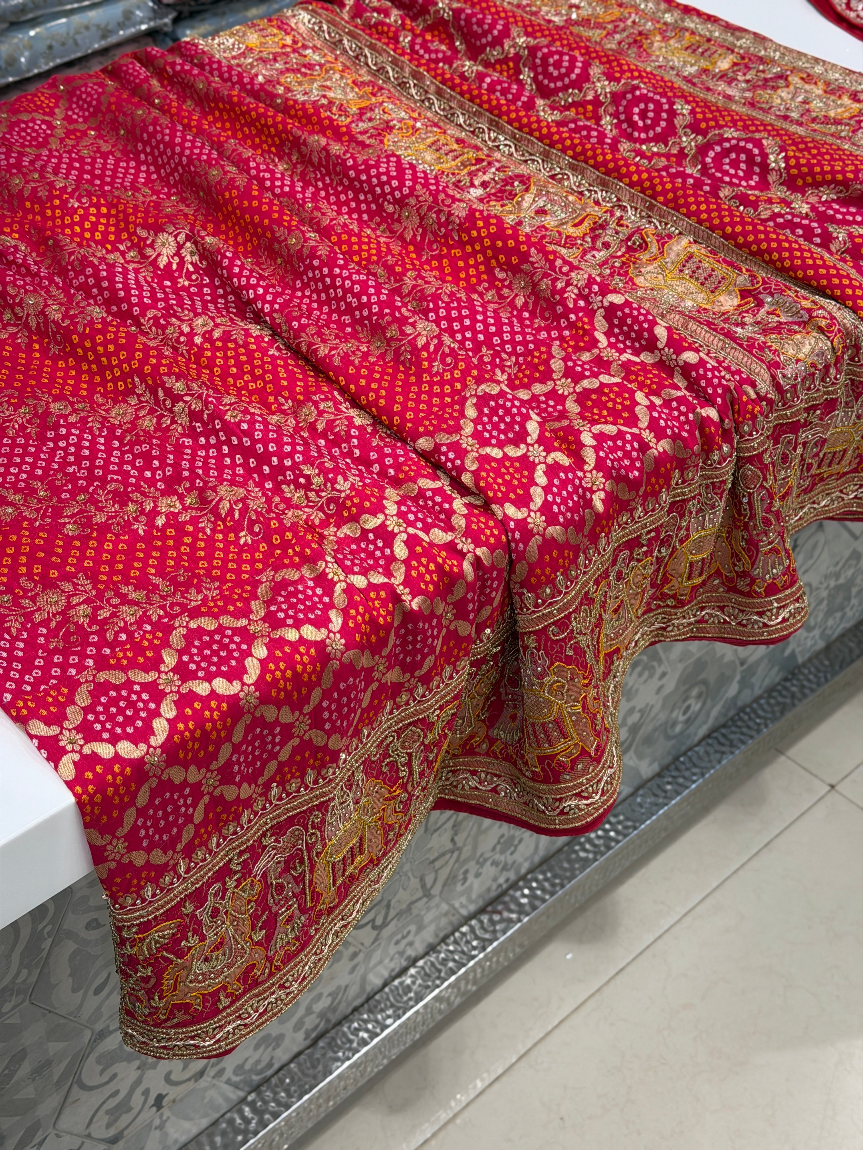 Rani Woven Bandhej Doli Edit Zardosi Hand Embroidery Banarasi Munga Saree