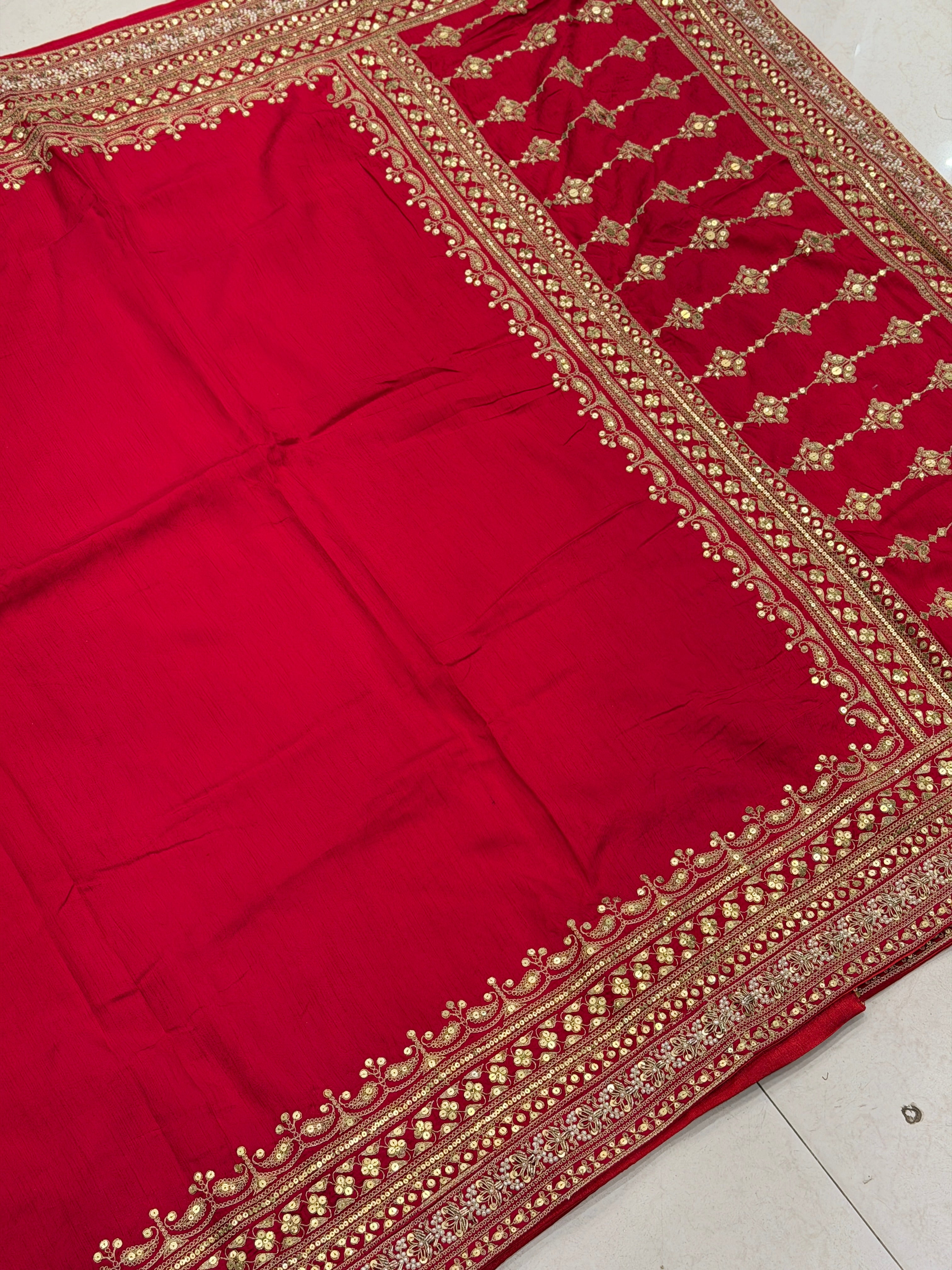 Red Pure Silk Sabyasachi Inspired Marodi Sequin Jaal Pallu Saree