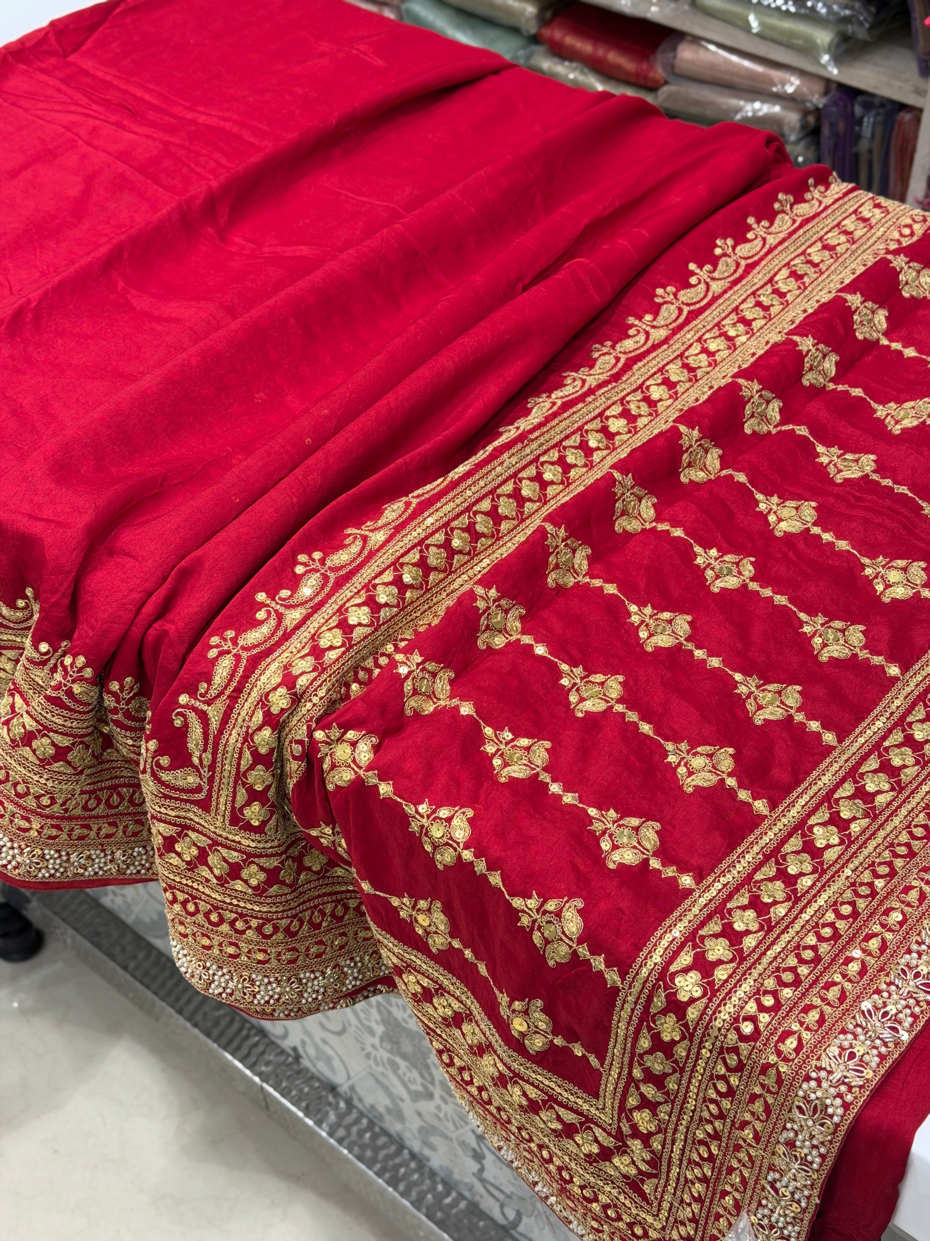 Red Pure Silk Sabyasachi Inspired Marodi Sequin Jaal Pallu Saree