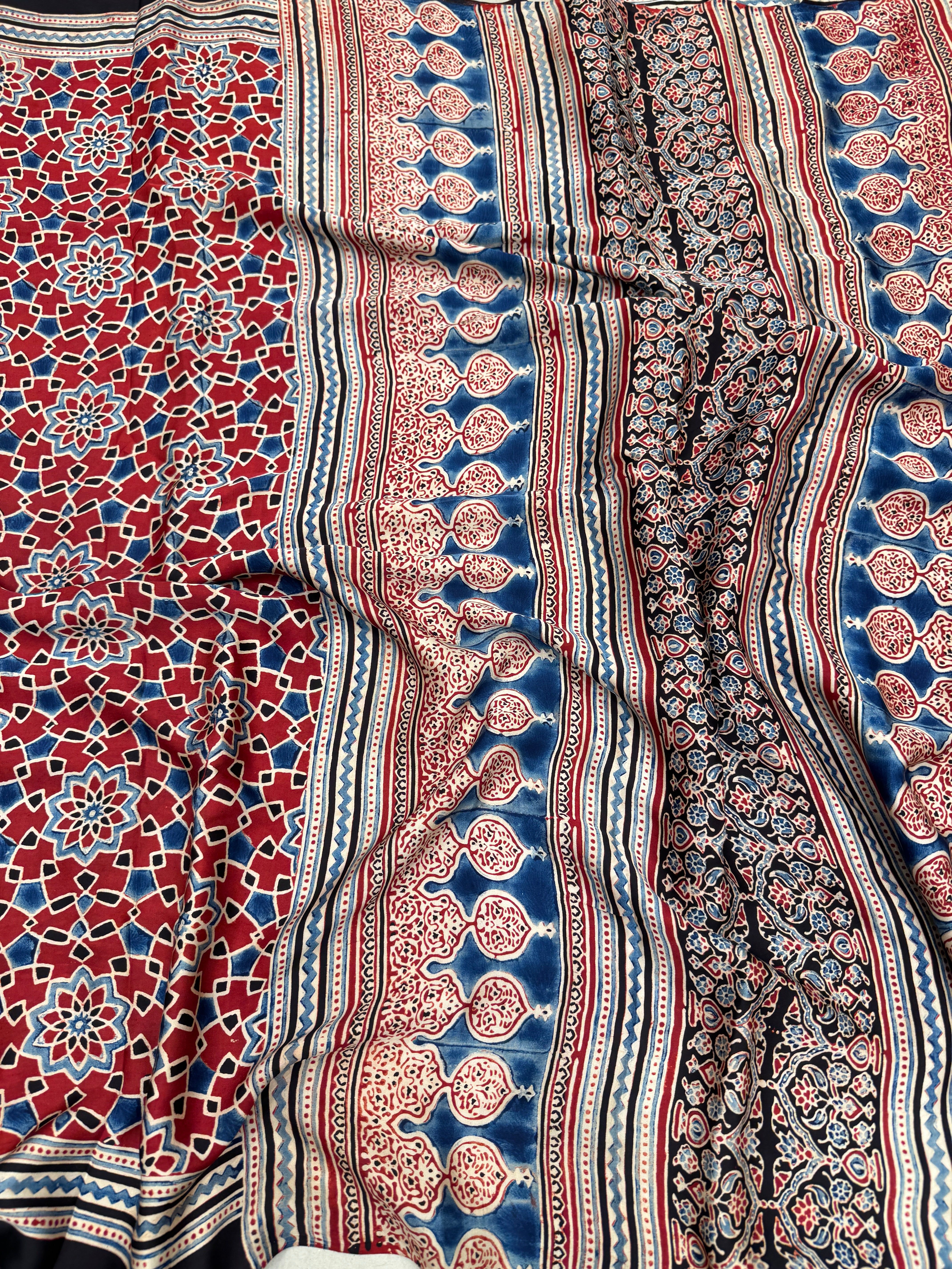Red Contemporary Jaal Ajrakh Gajji Silk Hand Block Print Saree