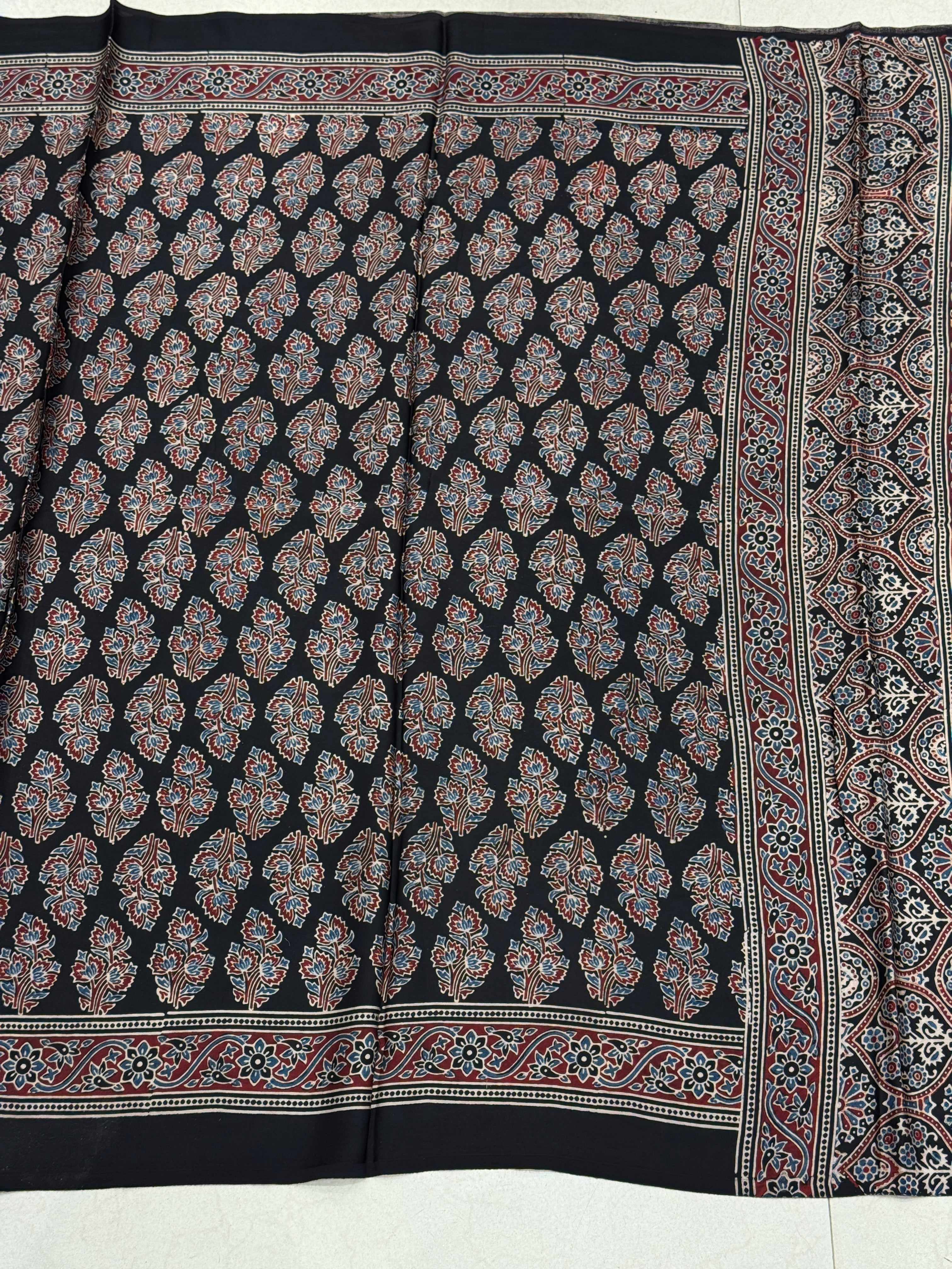 Black Tree Buttas Hand Block Print Ajrkah Pure Gajji Silk Saree