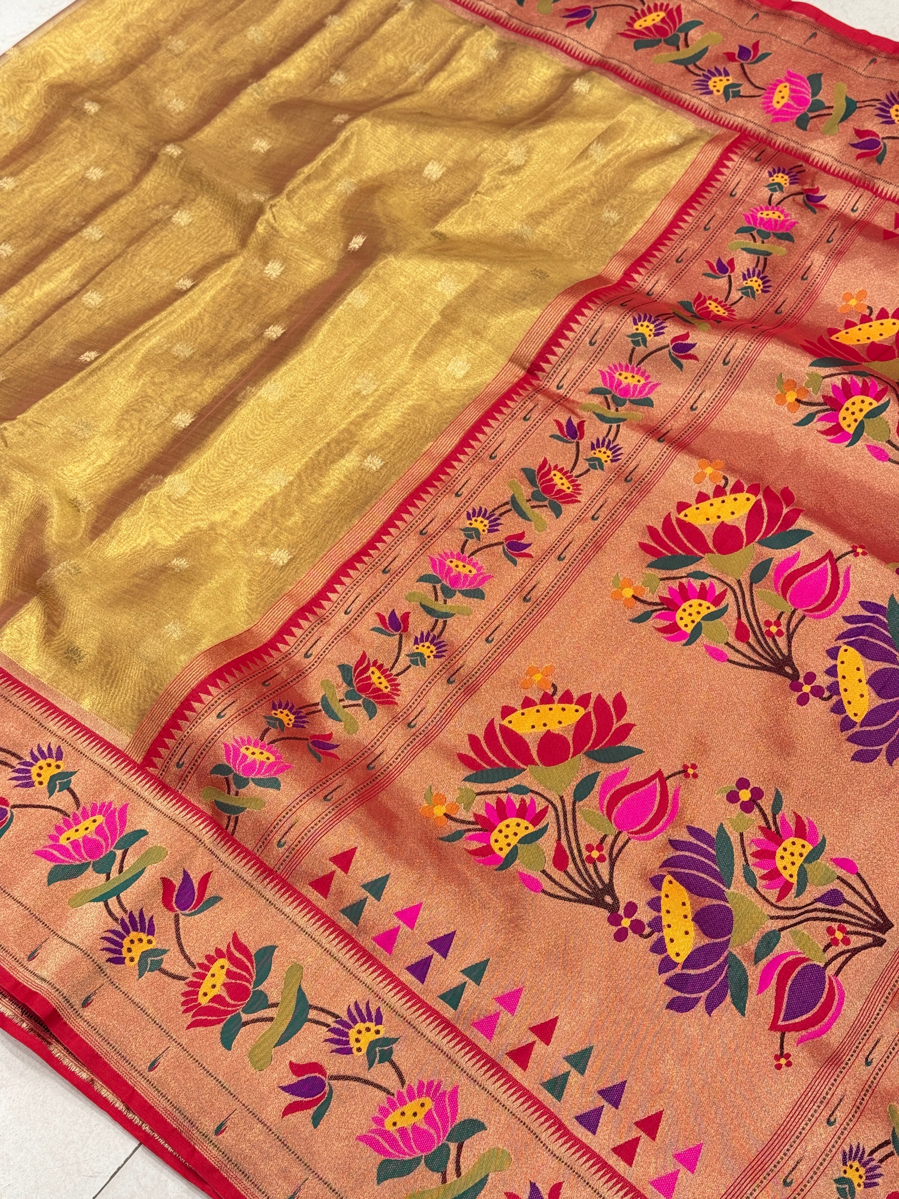 Gold Tissue Paithani Lotus Floral Border Saree