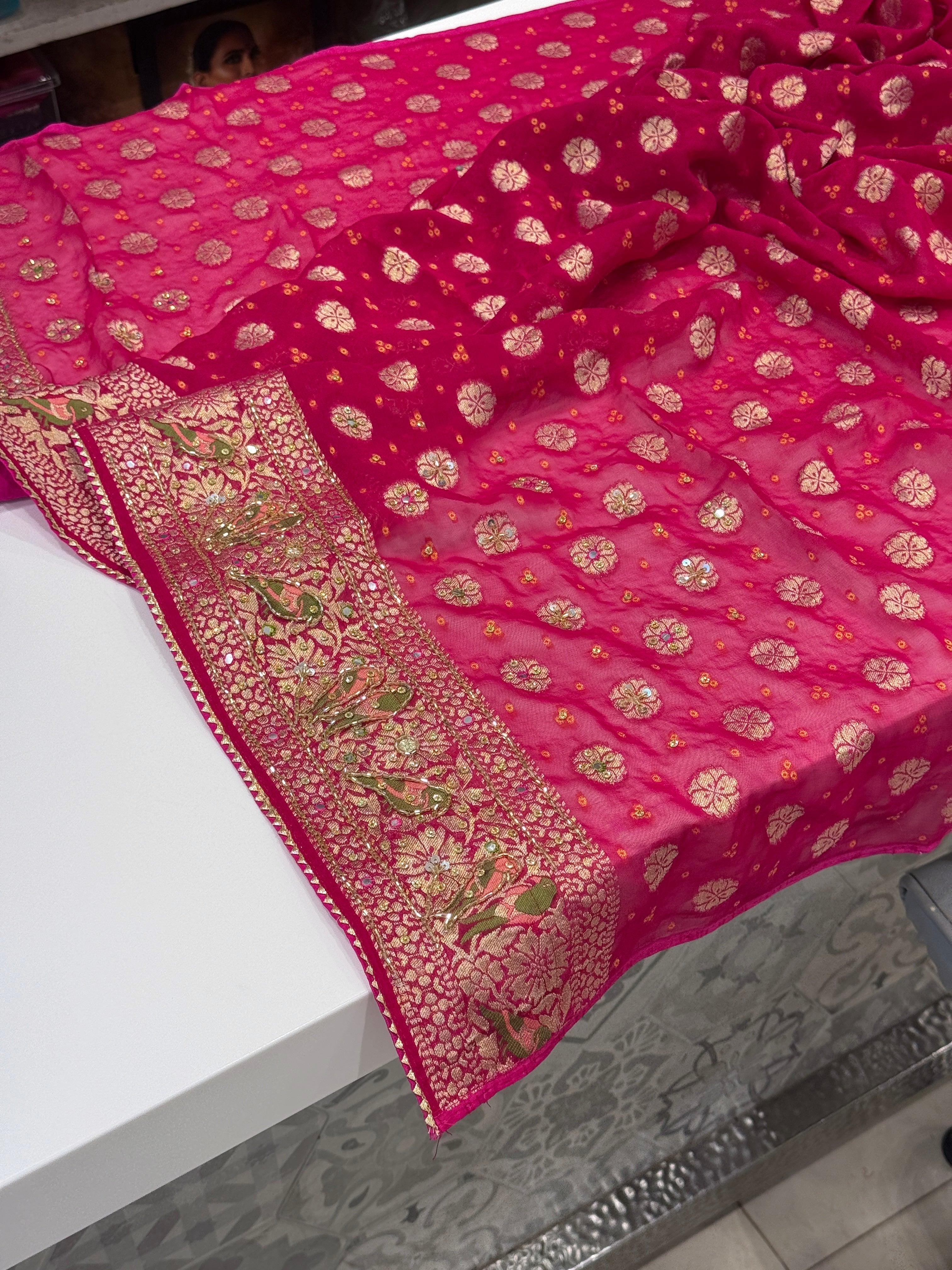 Rani Woven Bandhej Meenakari Parrot Motif Hand Embroidery Saree
