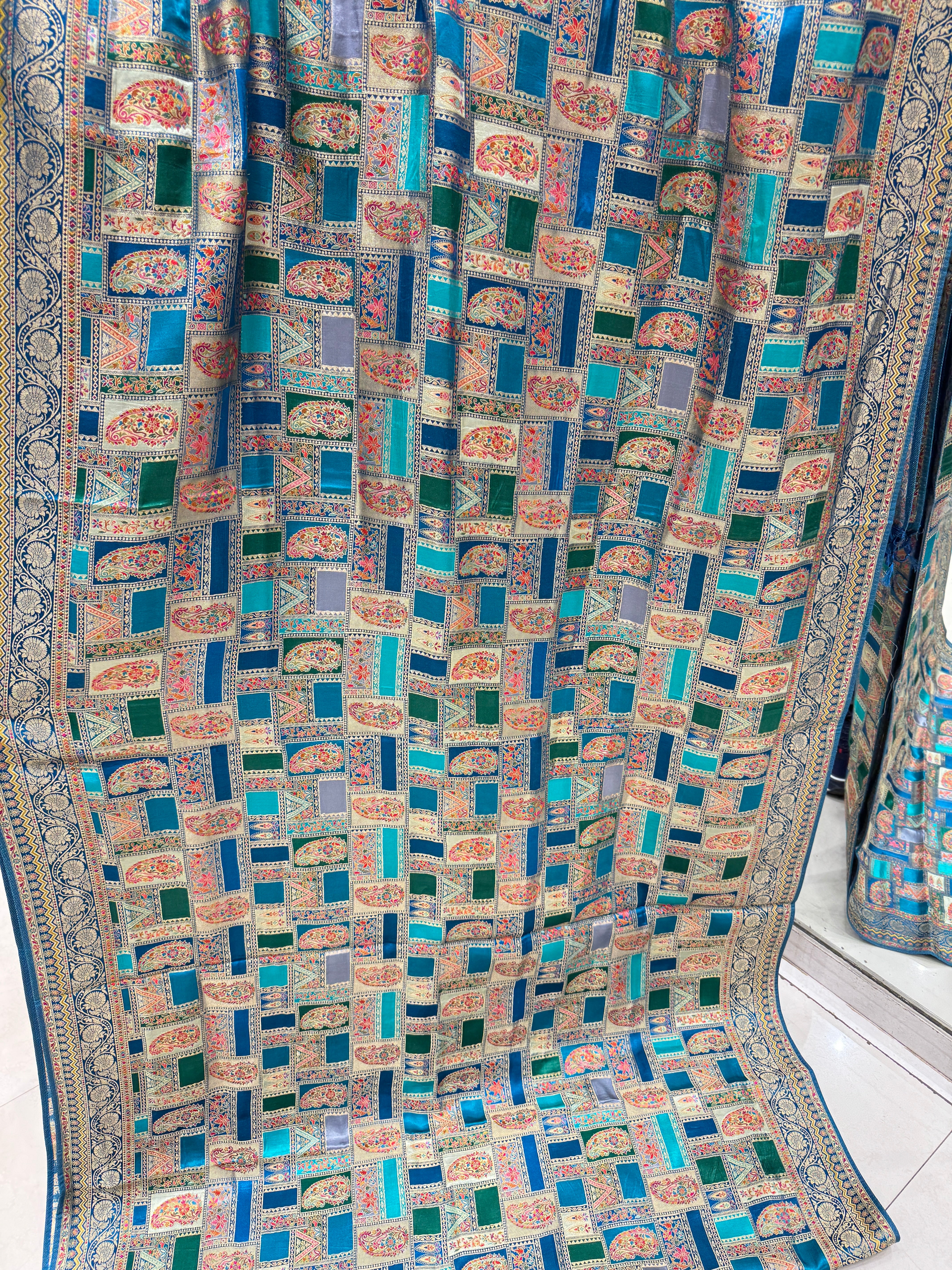 Rama Green Banarasi Modal Rangkat Satin Checkered Silk Saree