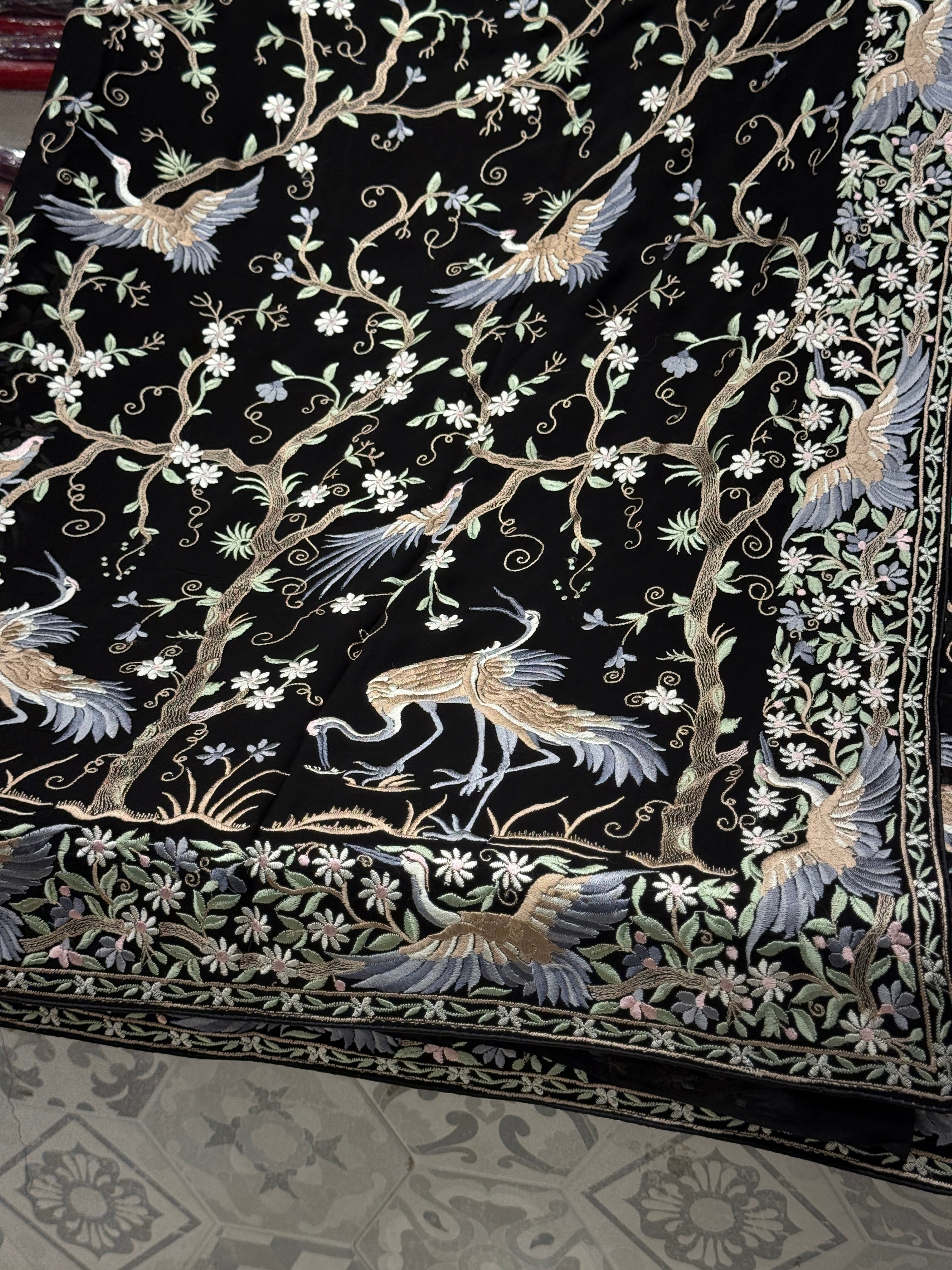 Black Tree Of Life Flamingo Parsi Gara Saree