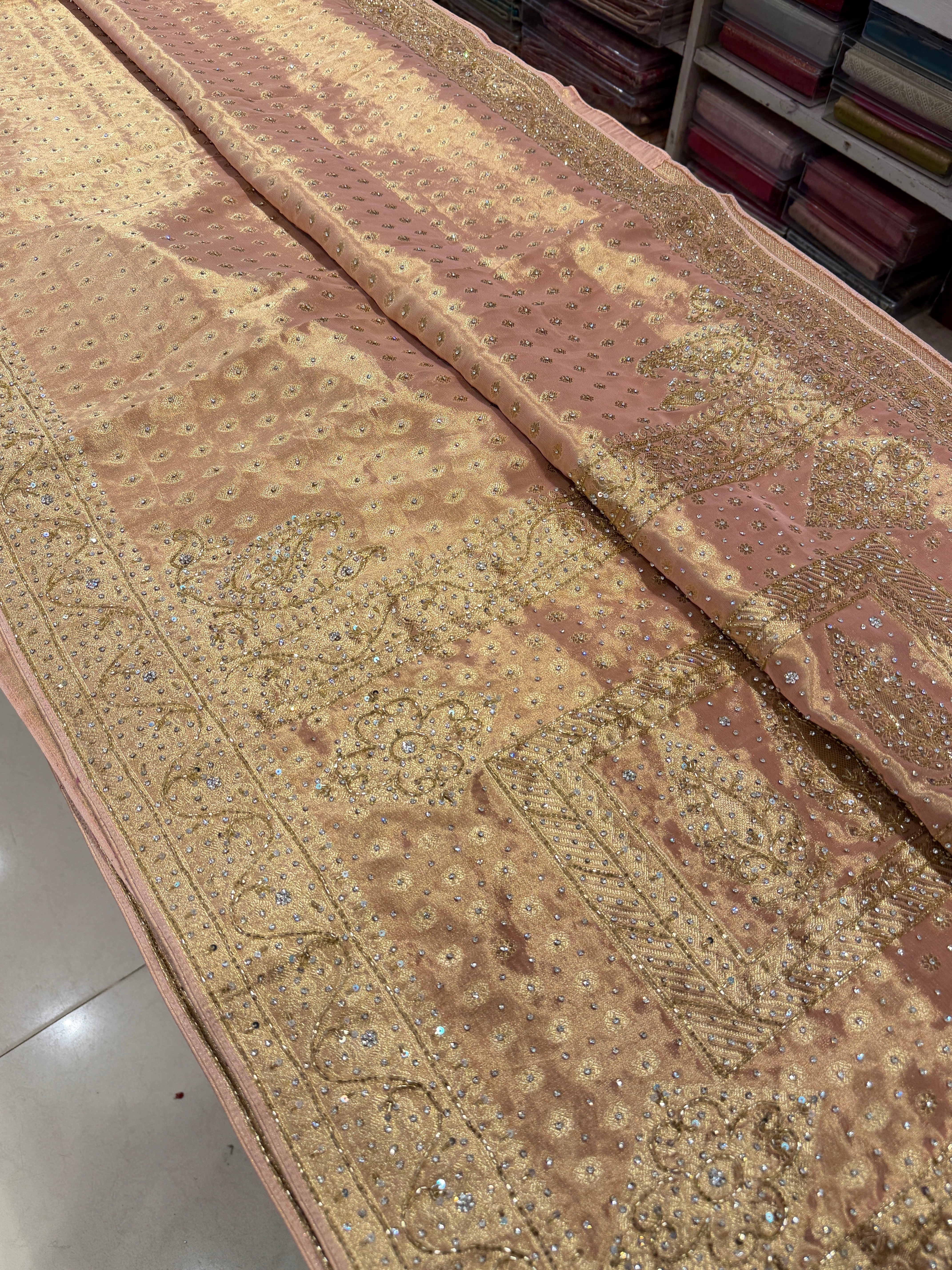 Pink Tissue Buttis Stones Hand Embroidery Saree