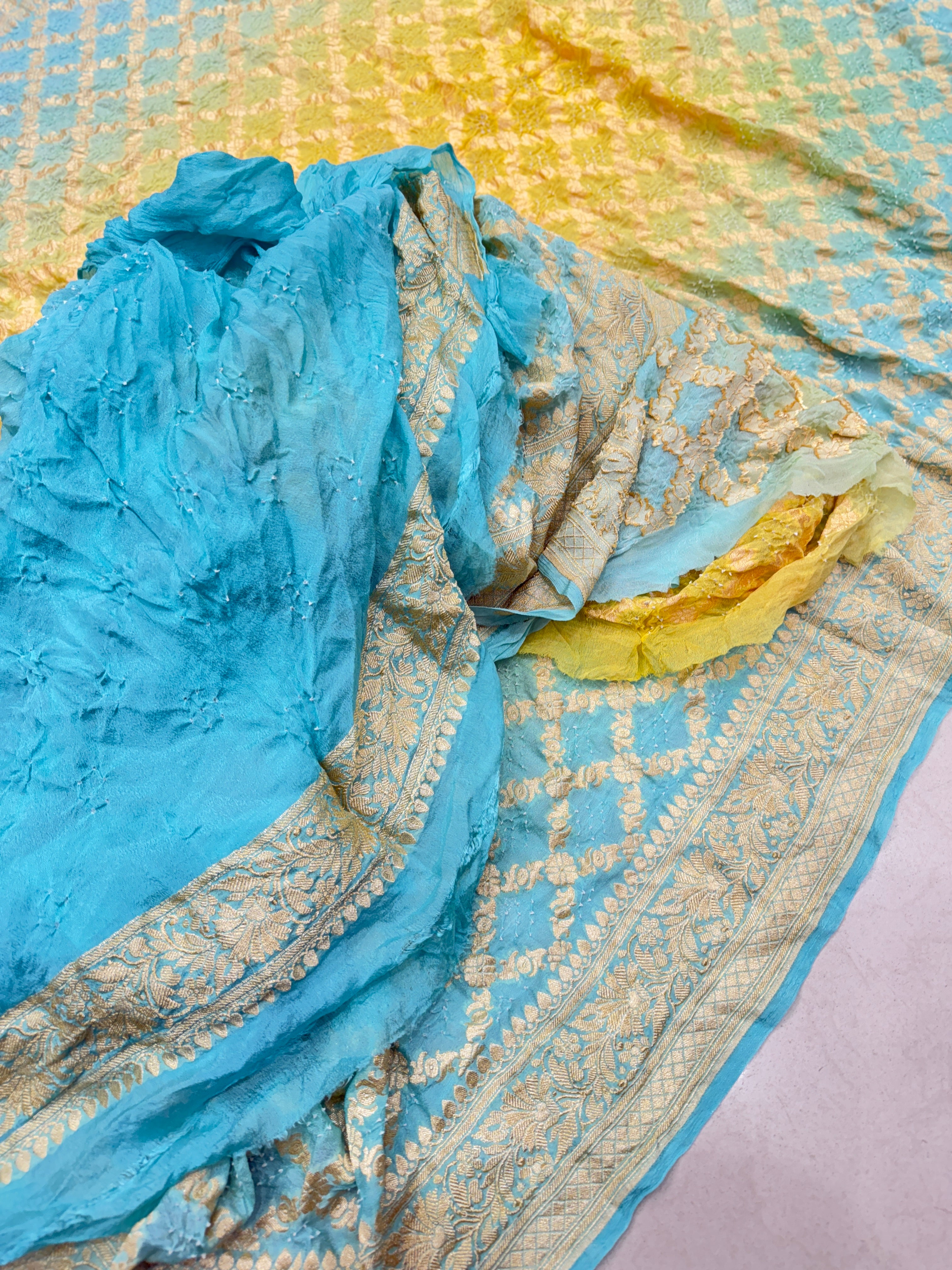 Blue Yellow Shaded Floral Border Bandhej Bandhini Saree