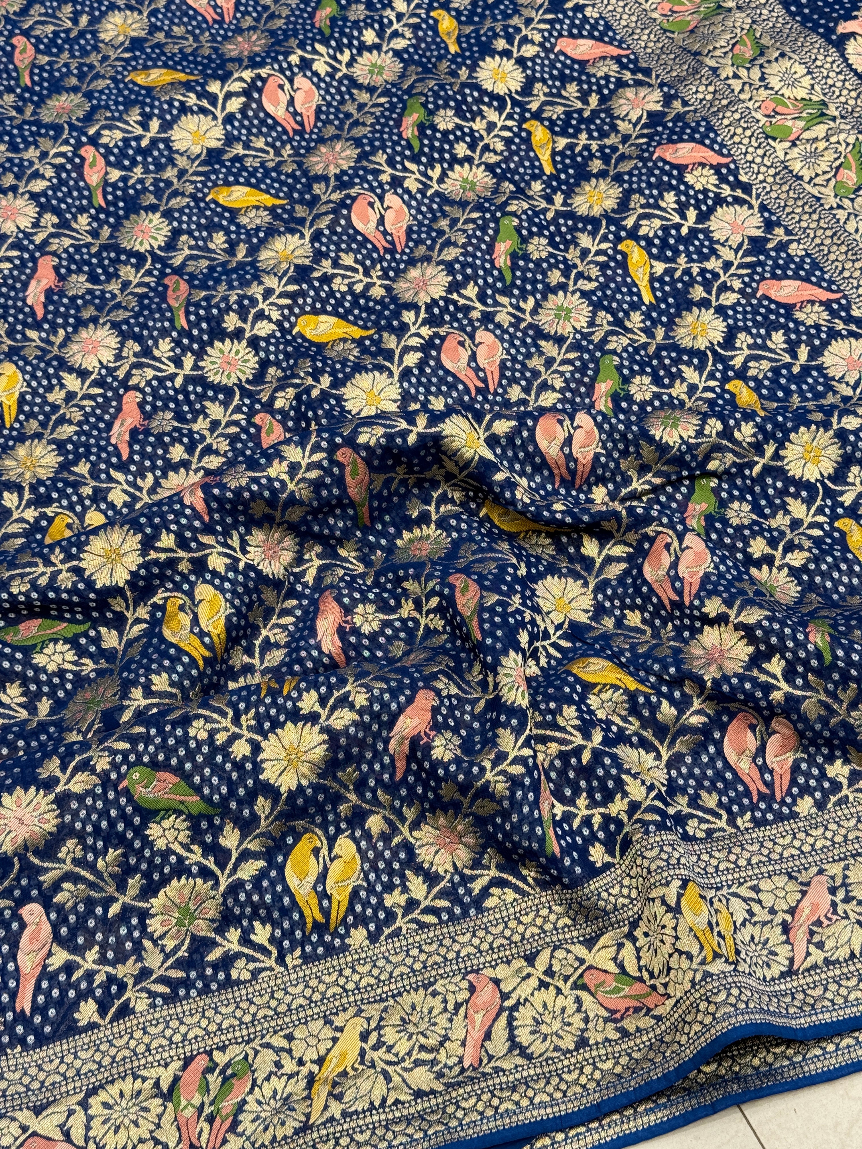 Blue Woven Bandhej Meenakari Parrot Motif Saree