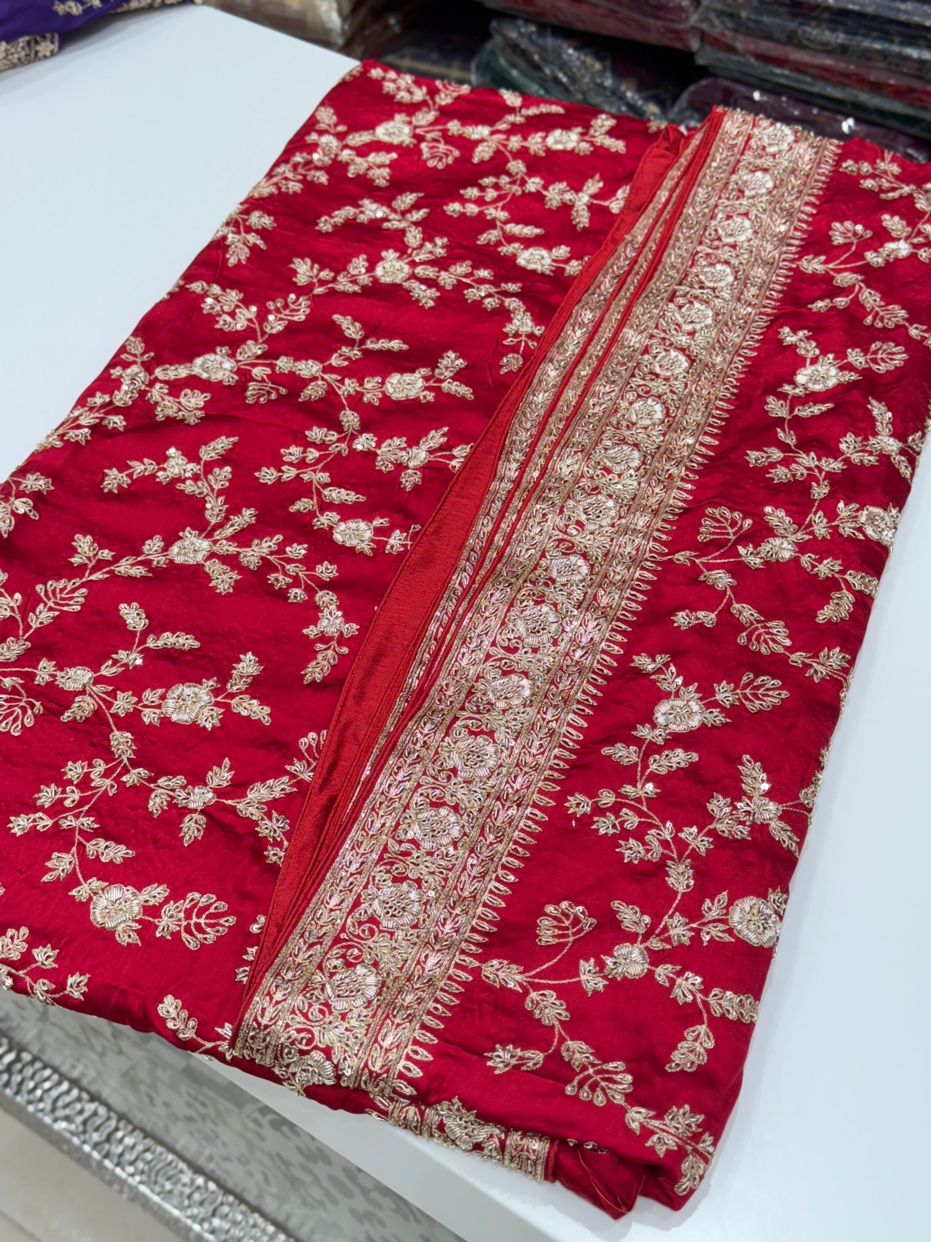 Red Hand Embroidery Mughal Jaal Pure Satin Zardosi Embroidery