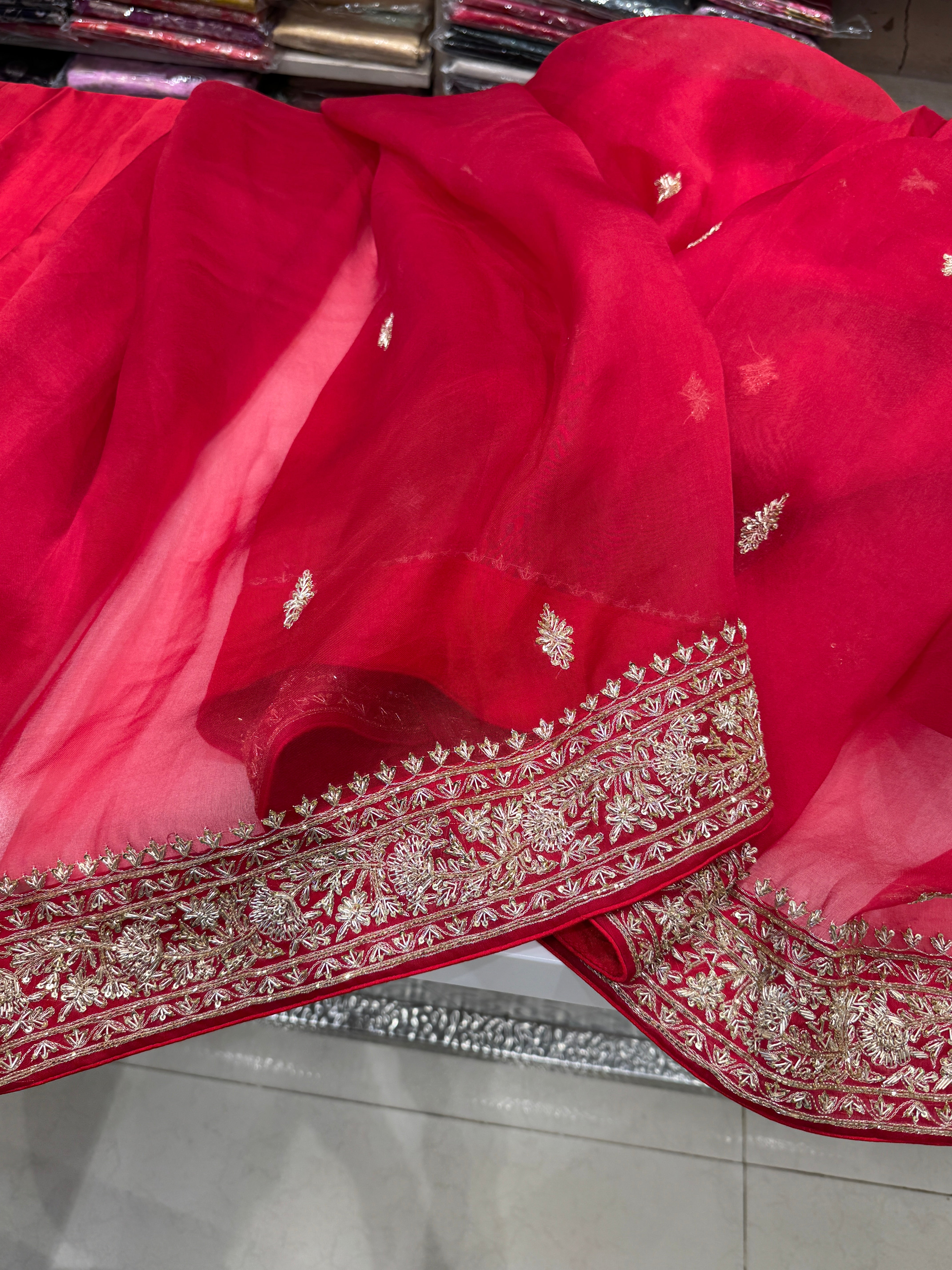 Red Pure Organza Zardosi Embroidery Saree