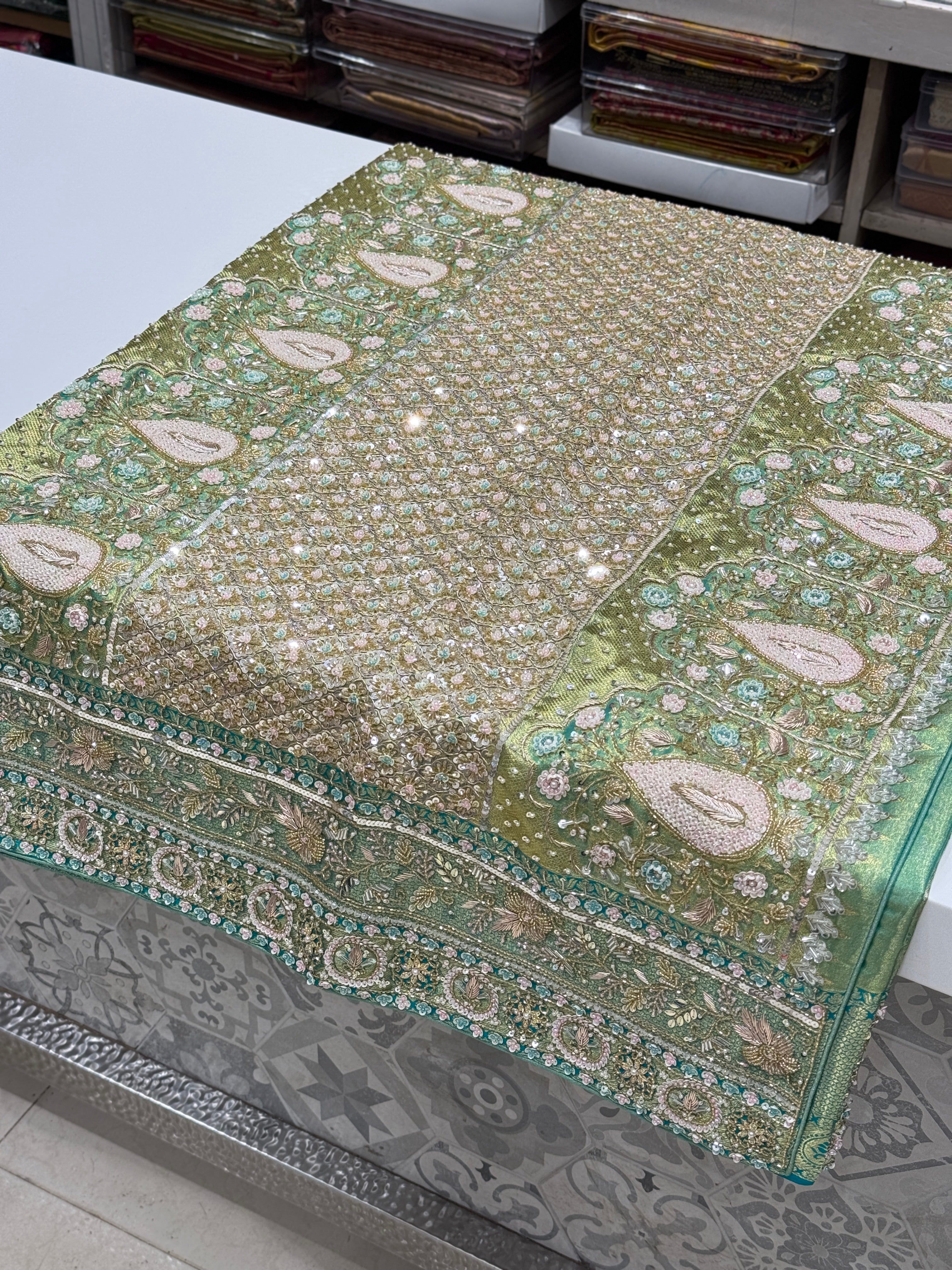 Pista Green Tissue Kanjivaram Hand Embroidery Saree