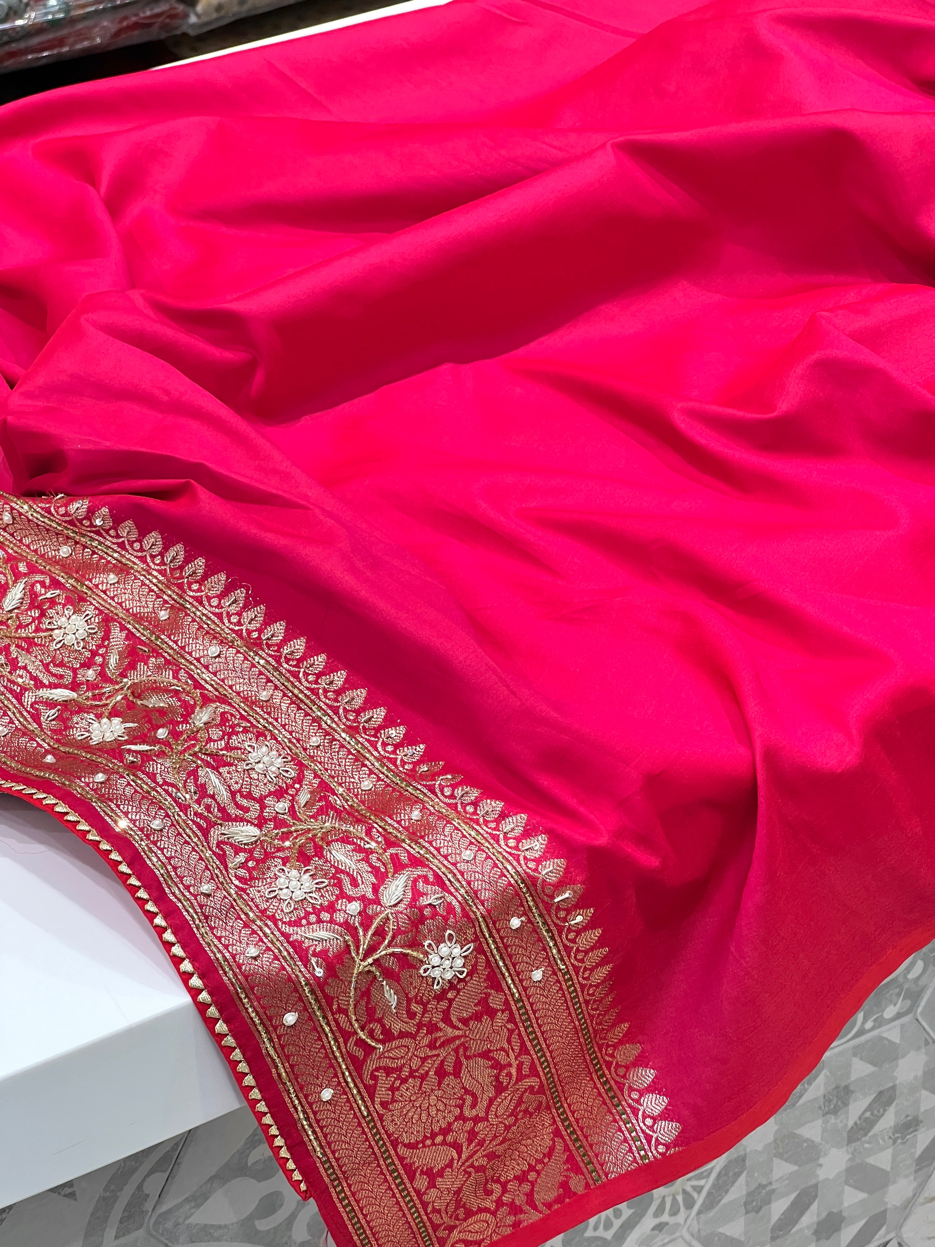 Beige Banarasi Reddish Pink Border Hand Embroidery Saree