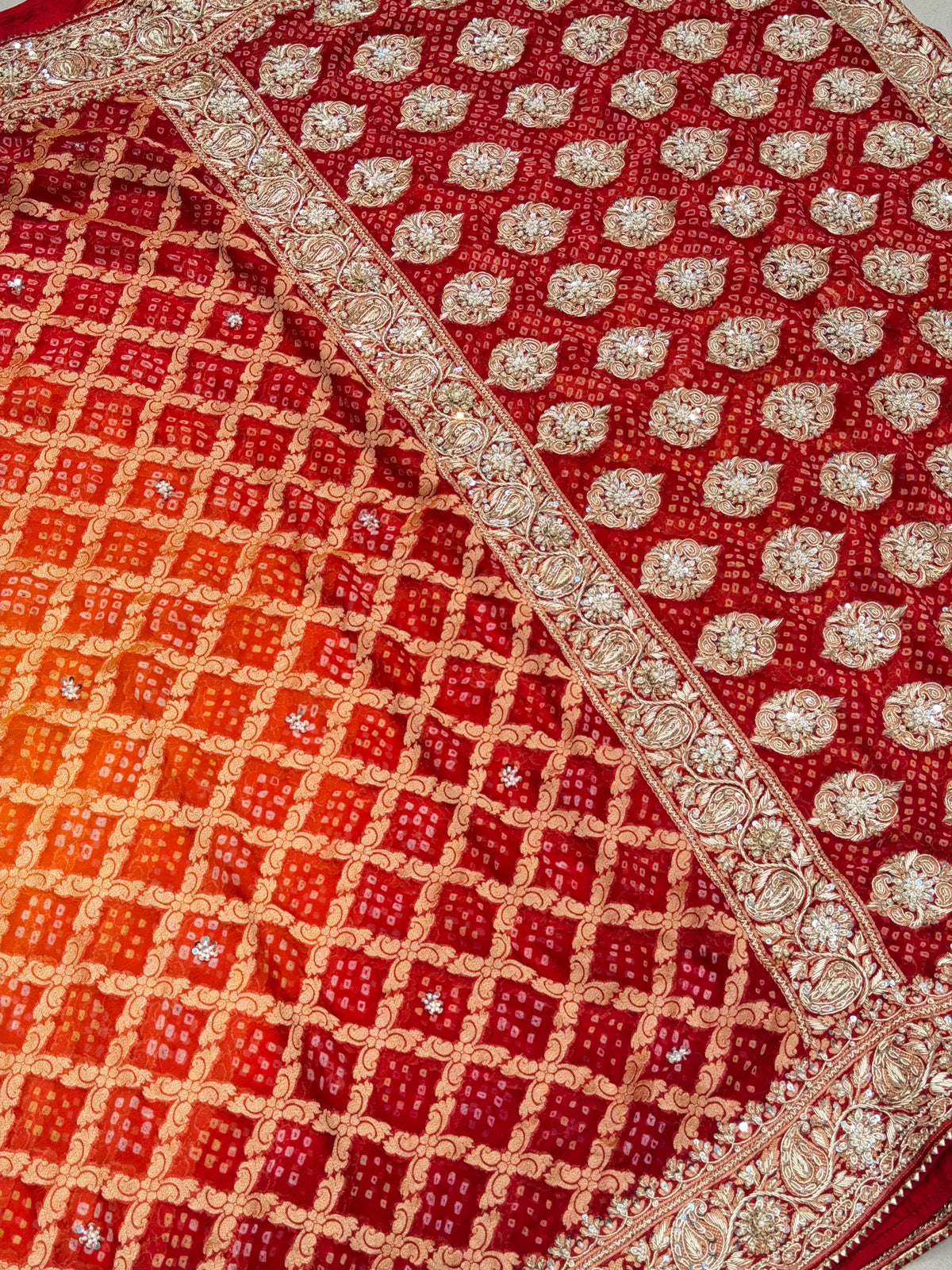 Red Orange Shaded Bandhej Georgette Saree Zardosi Hand Embroidery Saree