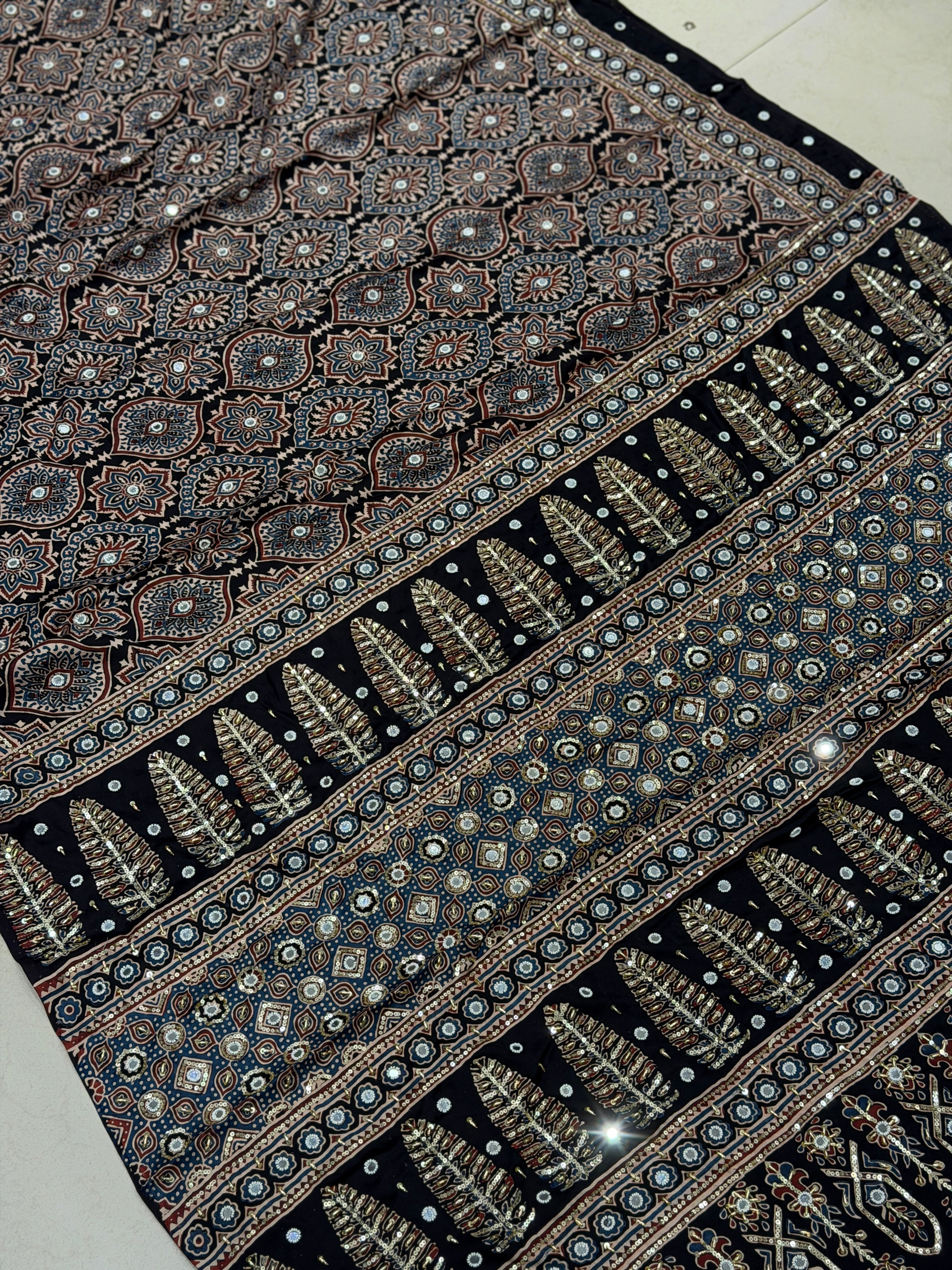Black Badam Buttas Ajrakh Real Mirror Moti Sequin Hand Embroidery Saree