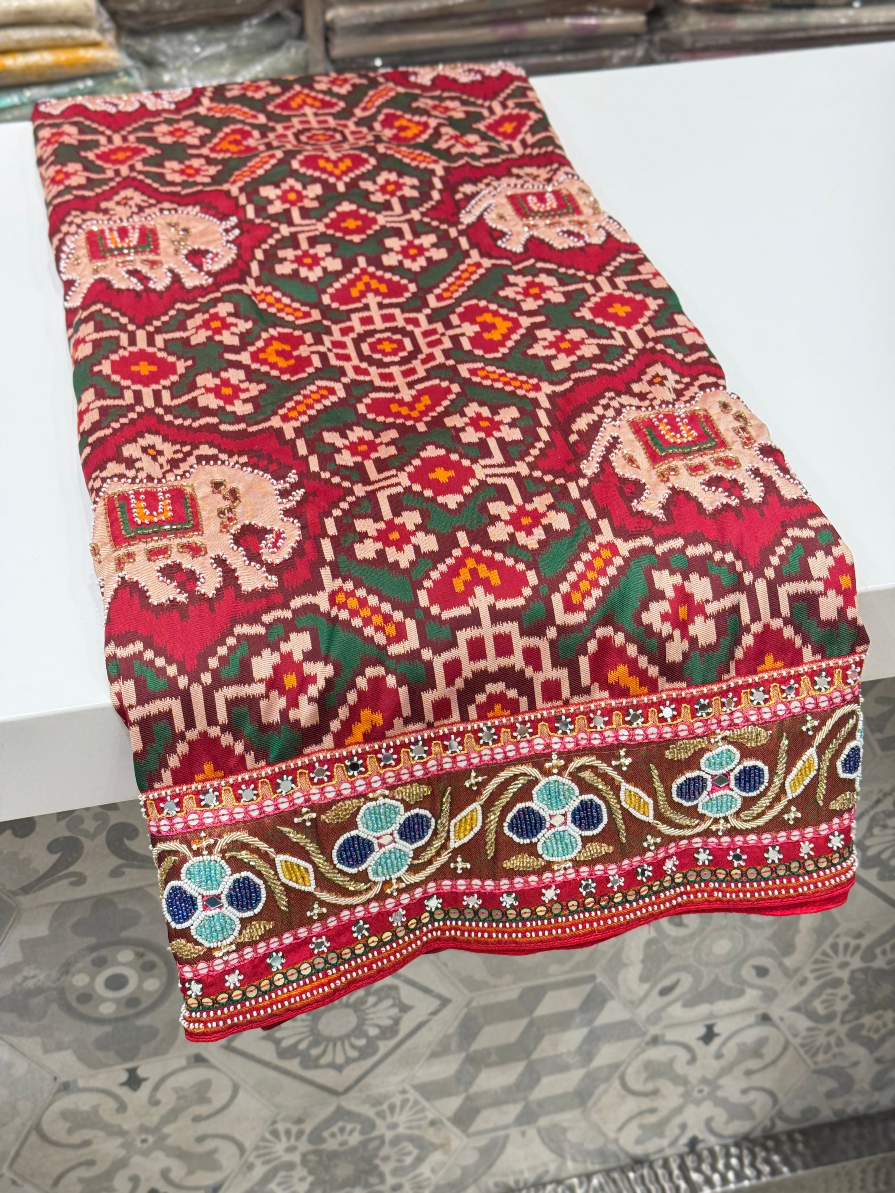 Maroon Patola Moti Zardosi Embroidery Saree