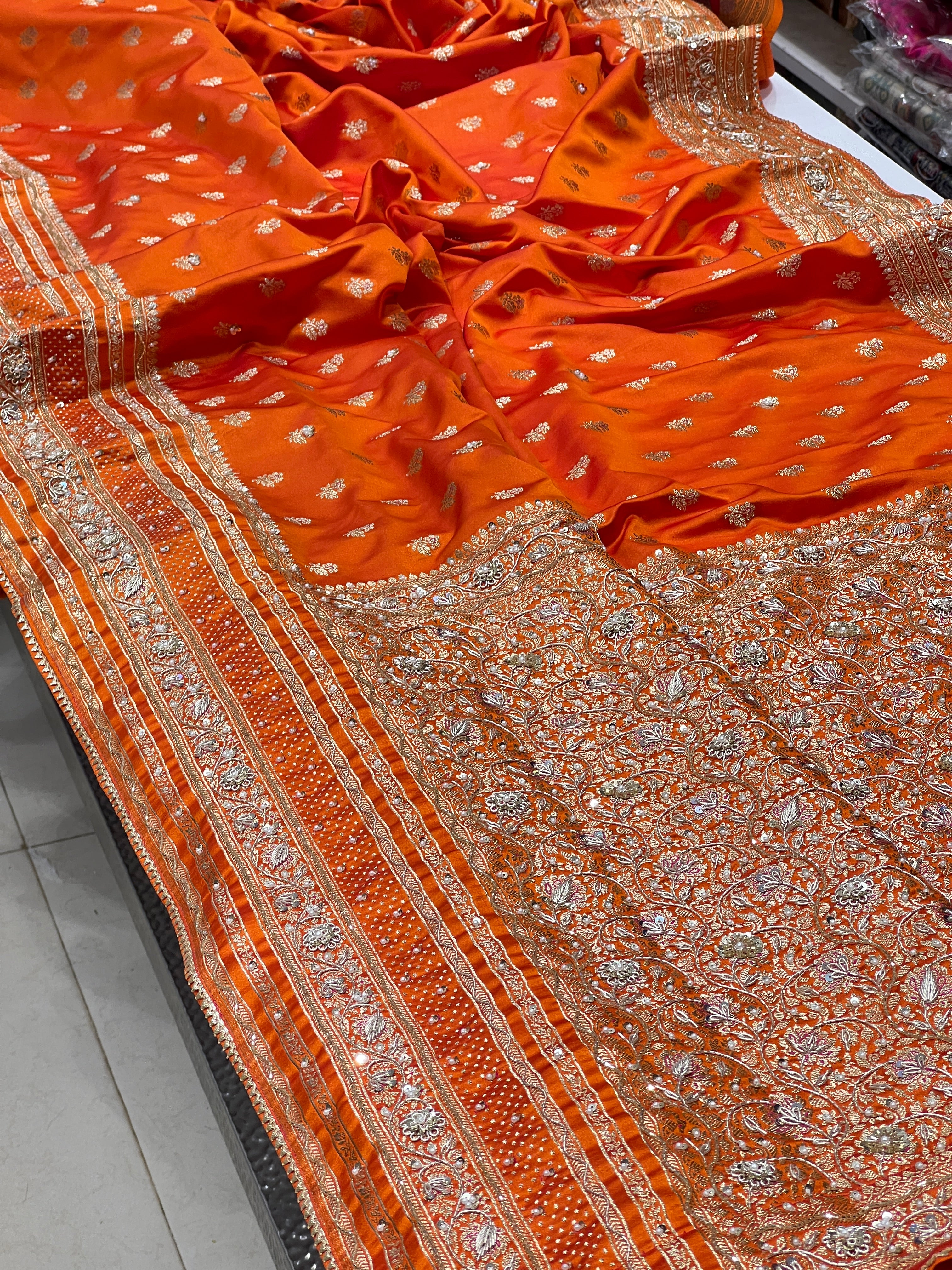 Orange Banarasi Silk Hand Embroidery Saree