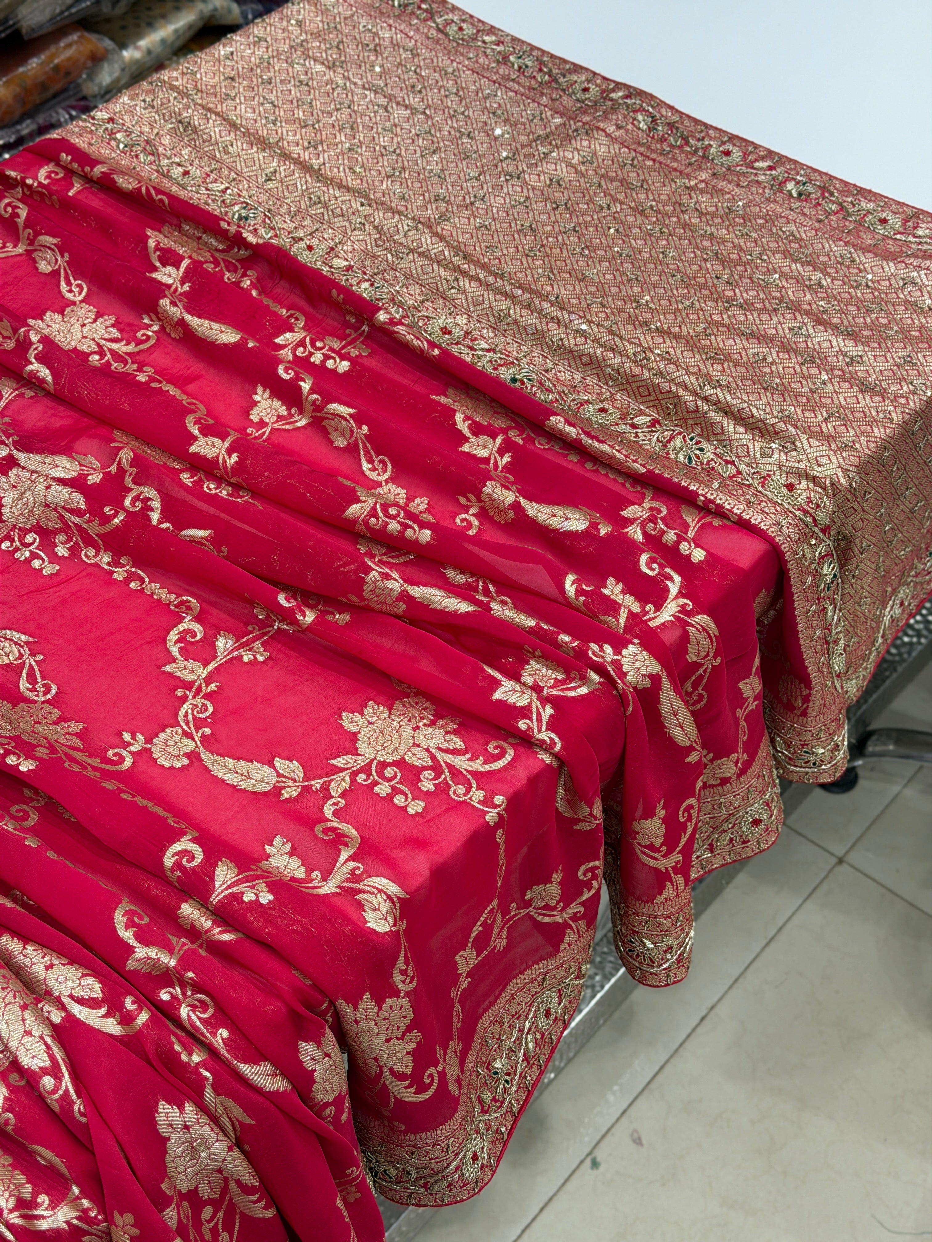 Rani Pink Satin Organza Zardosi Hand Embroidery Saree