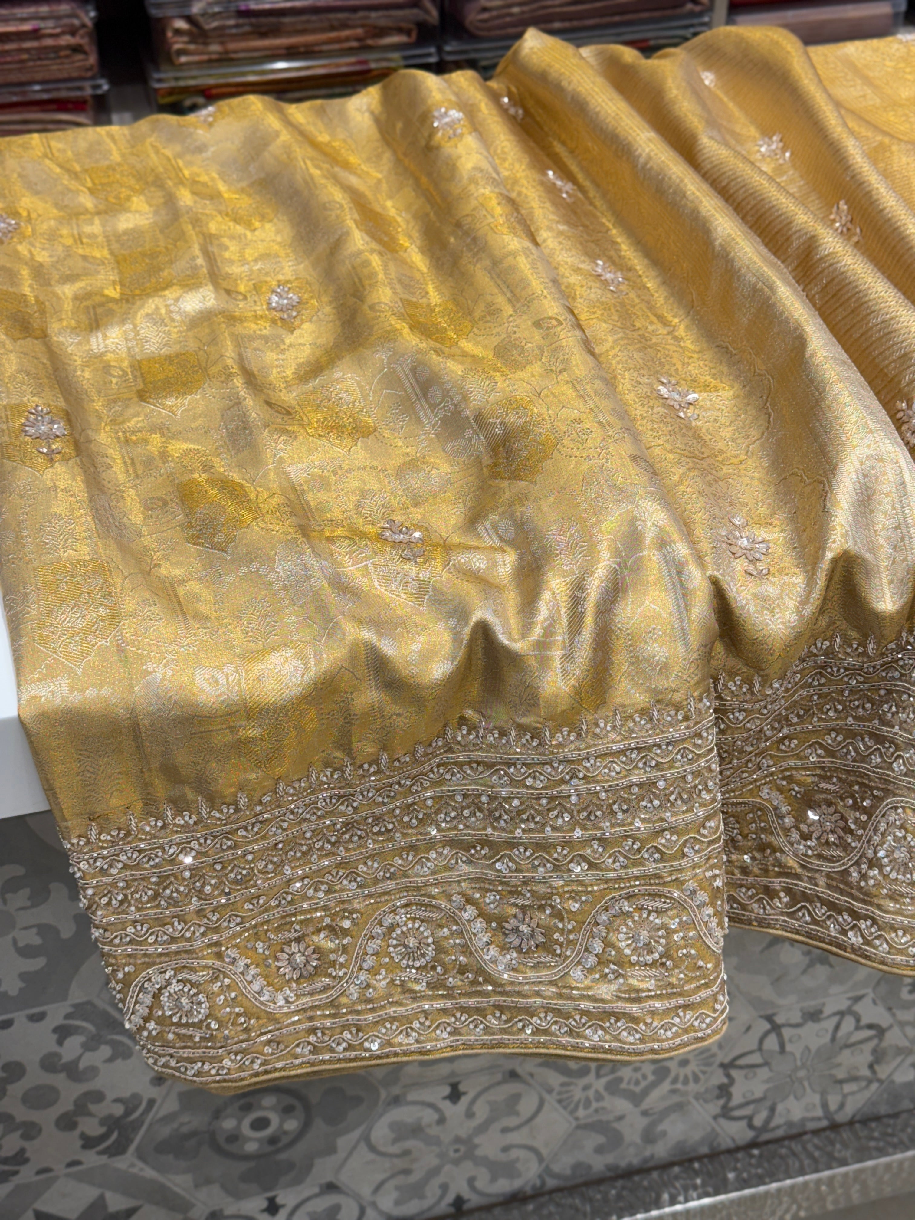 Gold Tissue Zardosi Moti Kanjivaram Hand Embroidery Saree