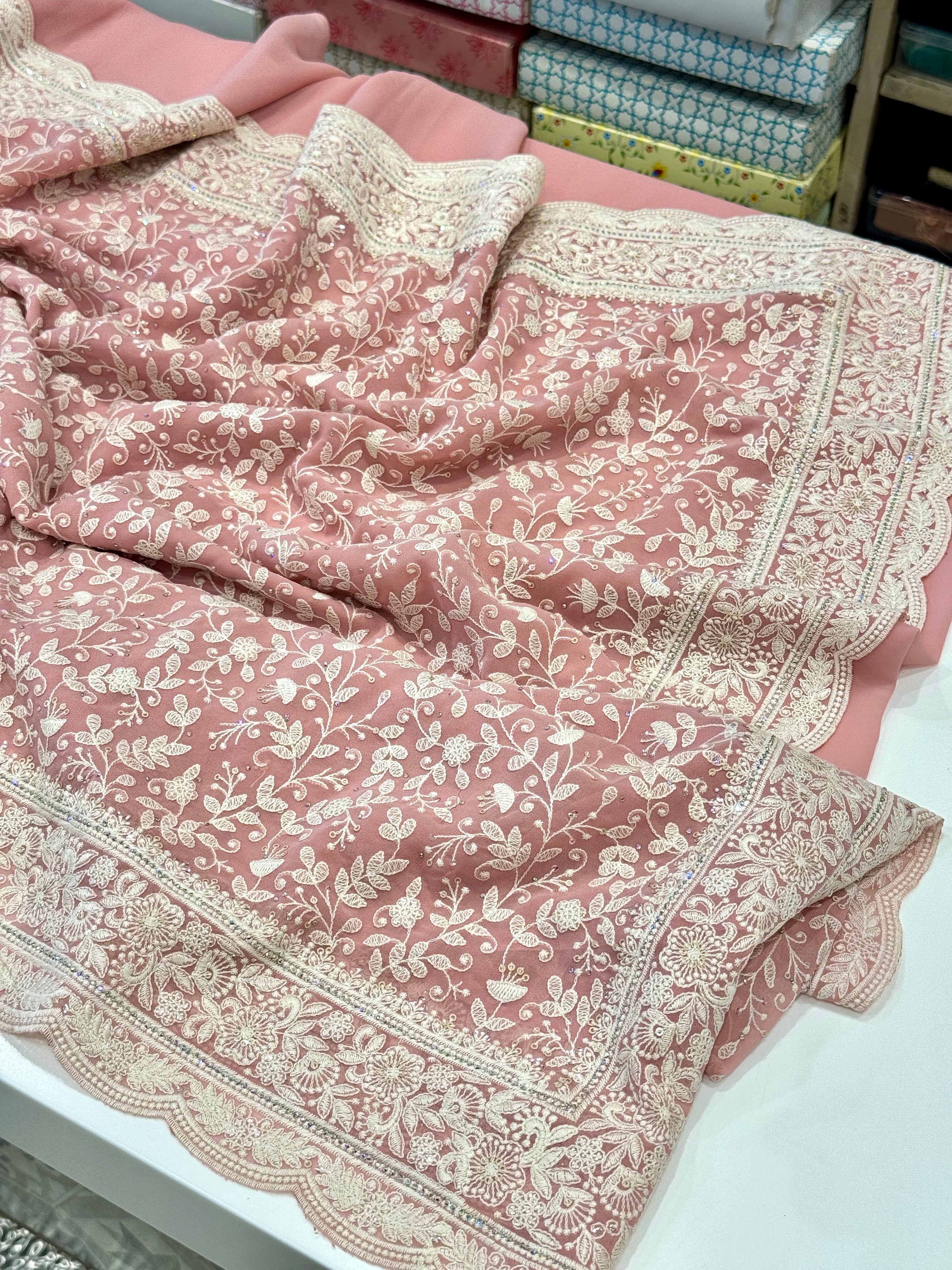 Pink Chikankari Scallop Design Saree