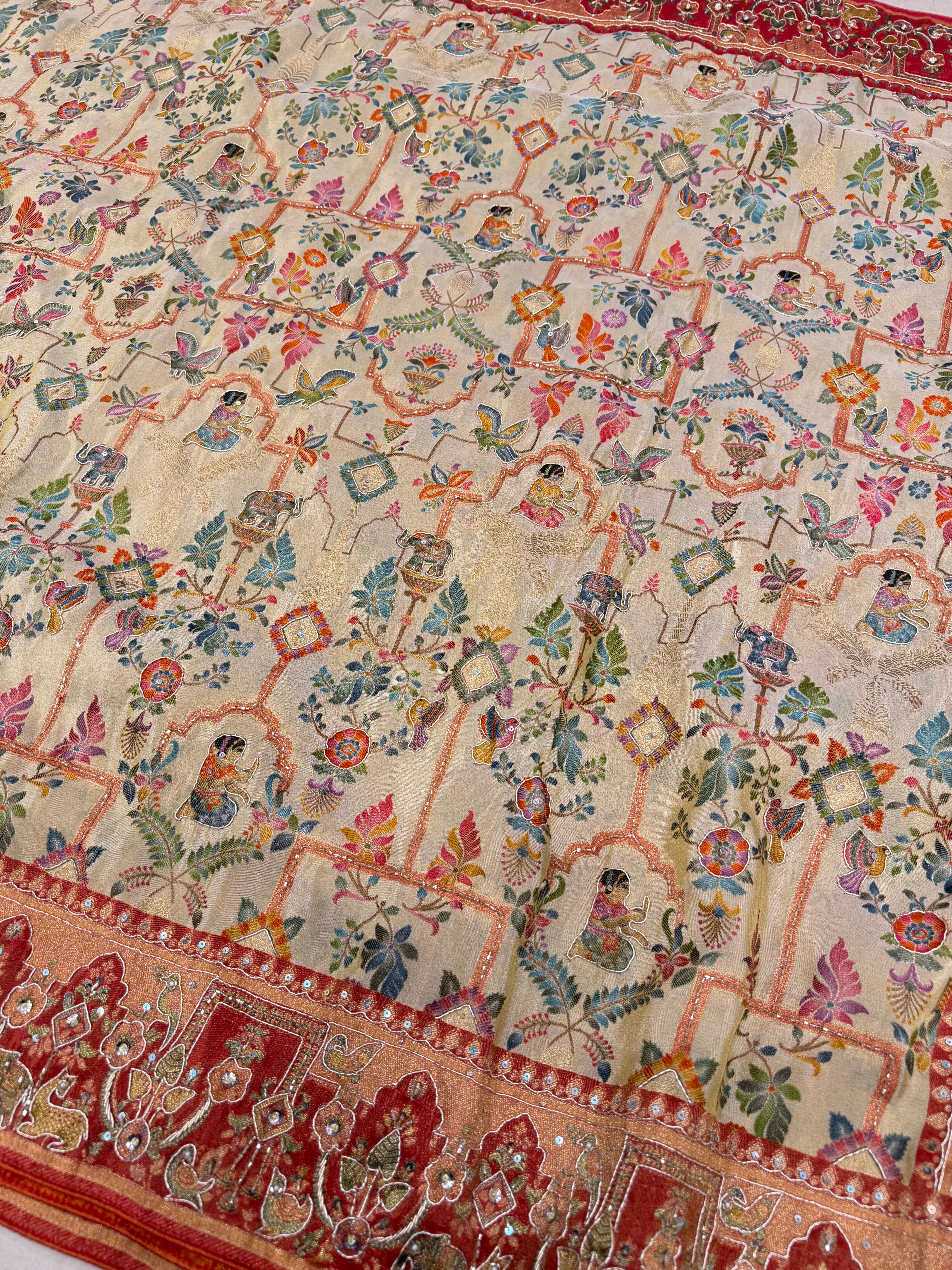 Beige Munga Tissue Weaved Pashmina Style Hand Embroidery Saree