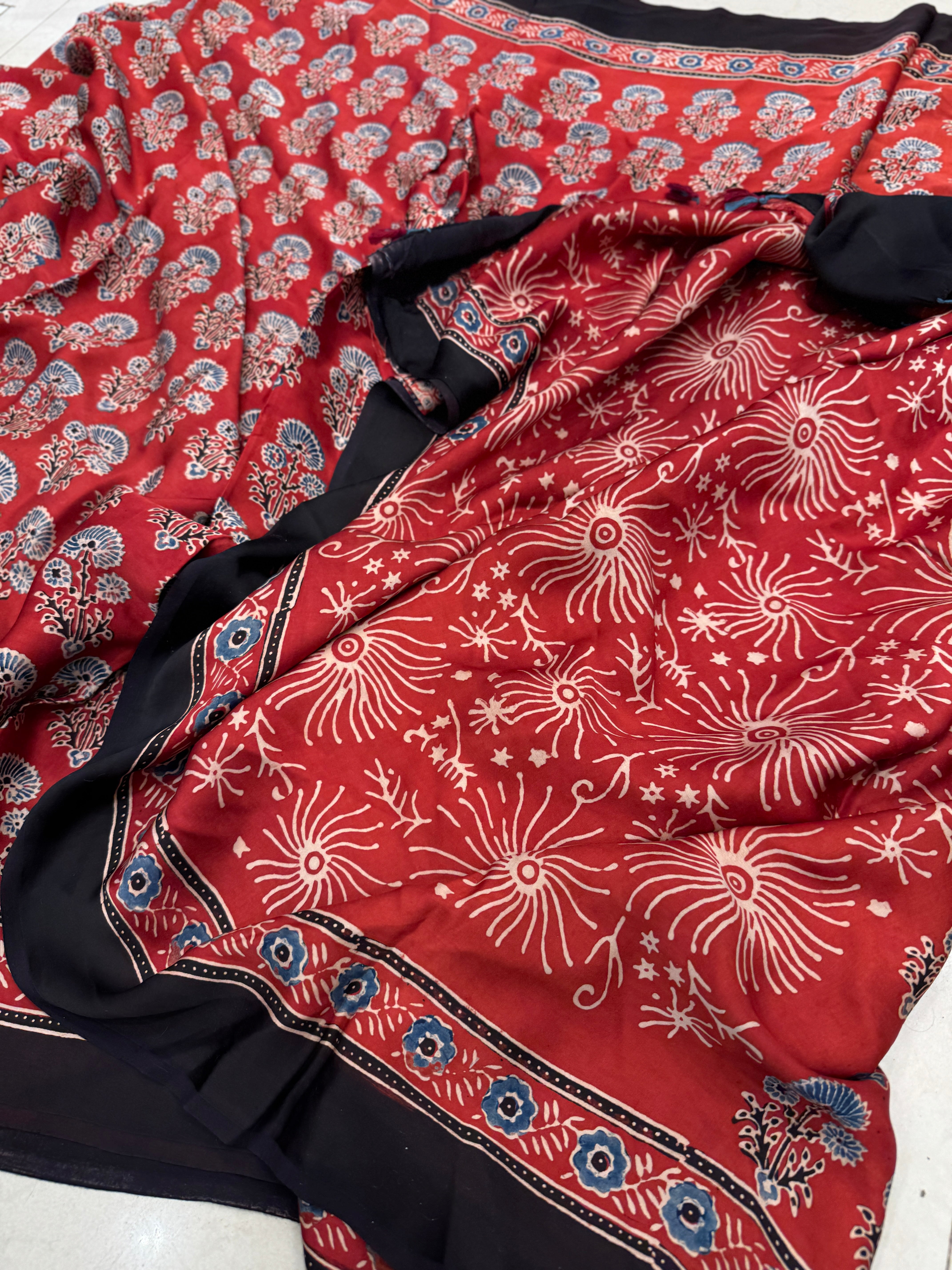 Red Floral Butta Ajrakh Hand Block Print Pure Gajji Silk Saree