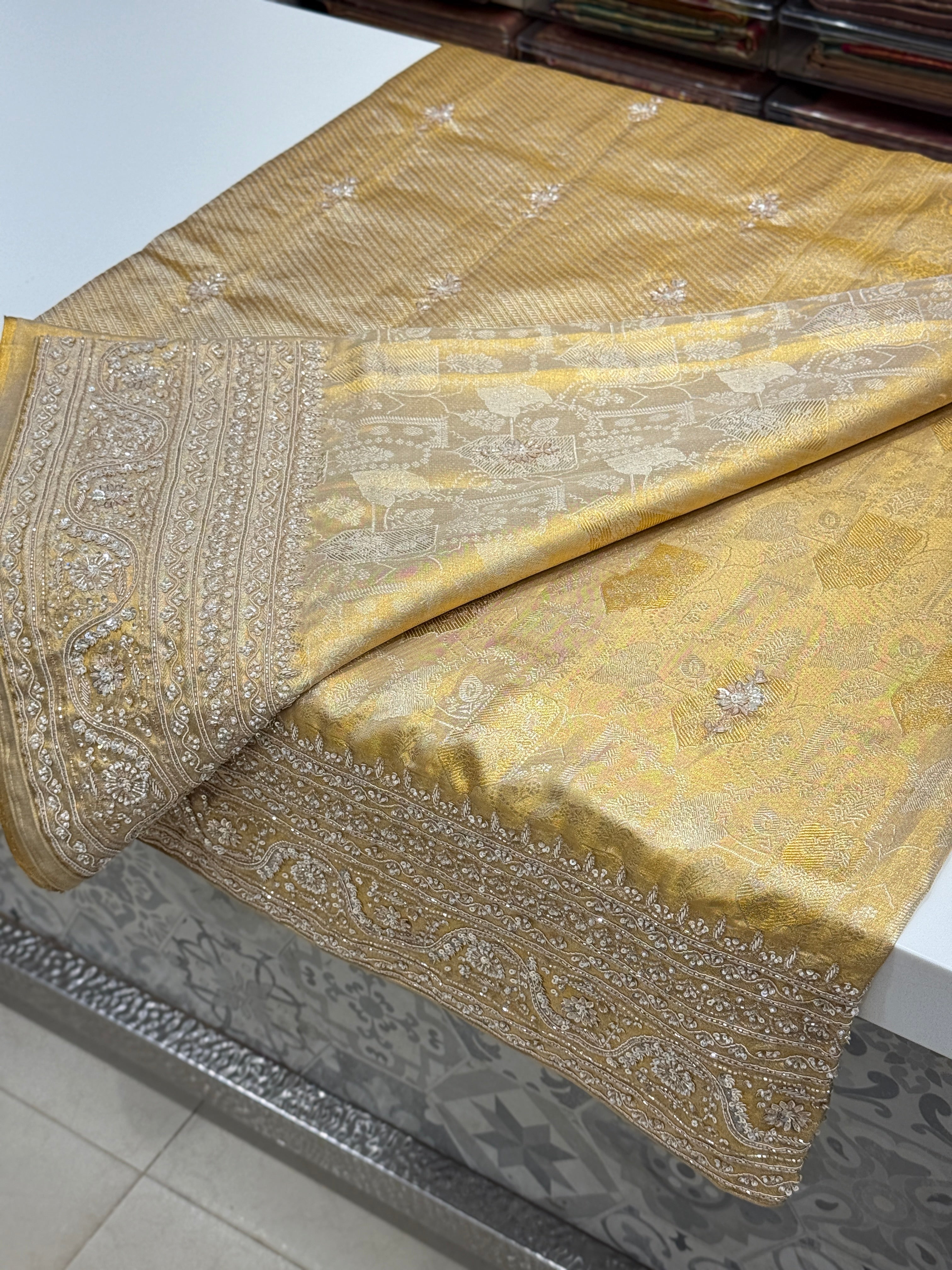 Gold Tissue Zardosi Moti Kanjivaram Hand Embroidery Saree